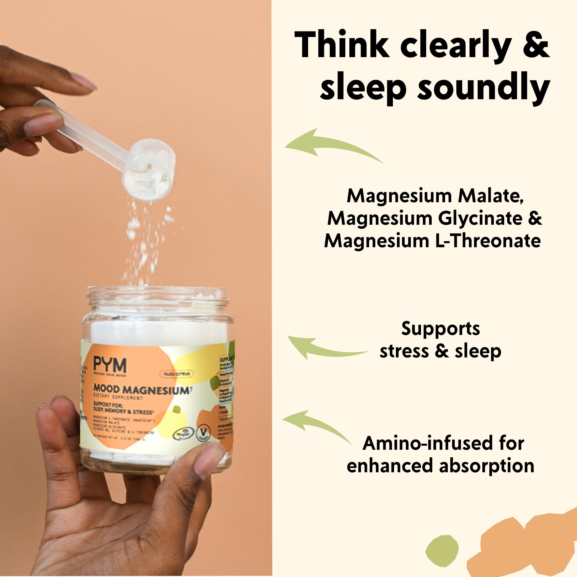 PYM Mood Magnesium Powder to Support Stress & Better Sleep, 30 Servings - Magnesium Glycinate, Magnesium Malate & l-Threonate, Yuzu Citrus | Non-GMO