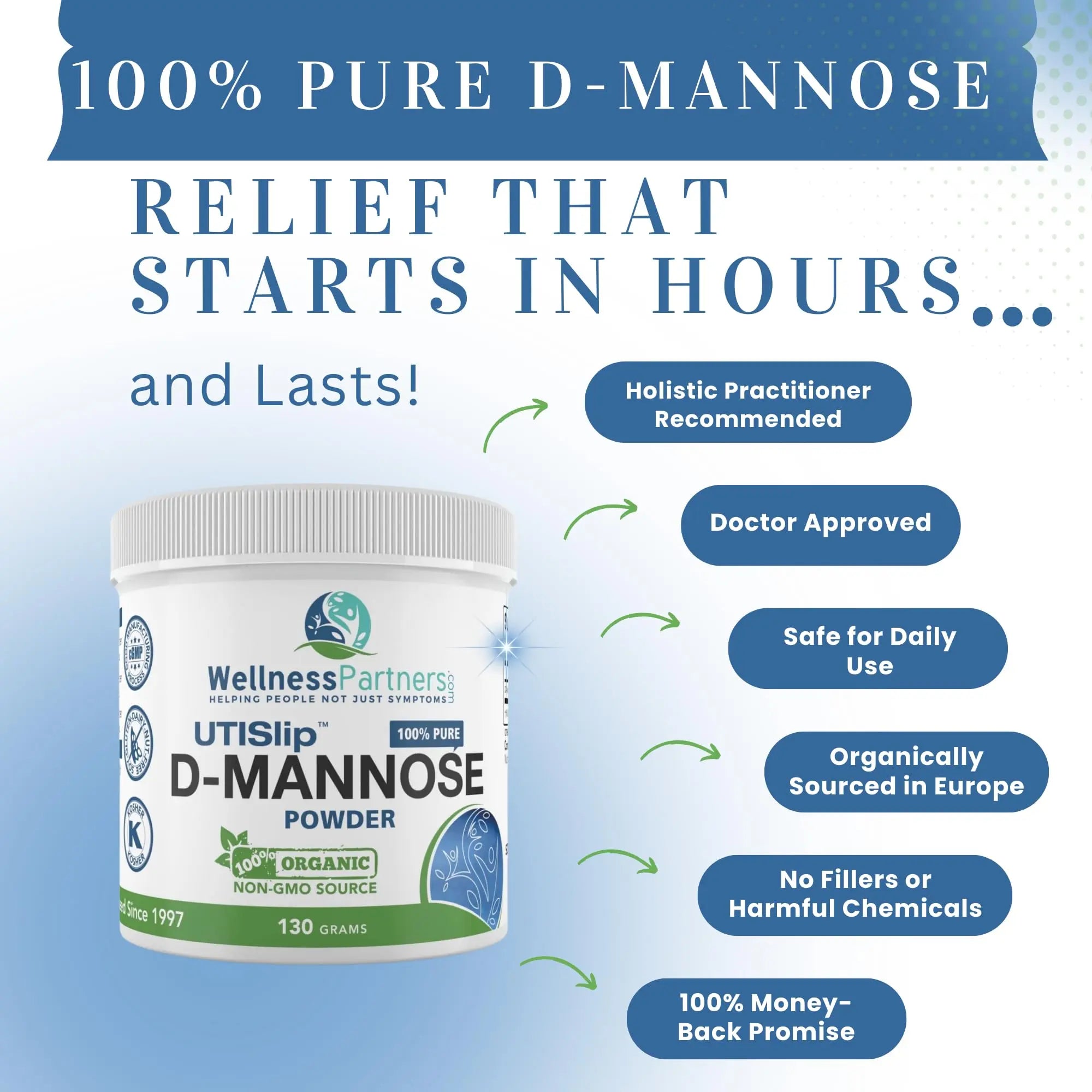 Now New UTI-Slip D Mannose Non GMO Organic Source Powder 130g jar. WellnessPartners Au supplements