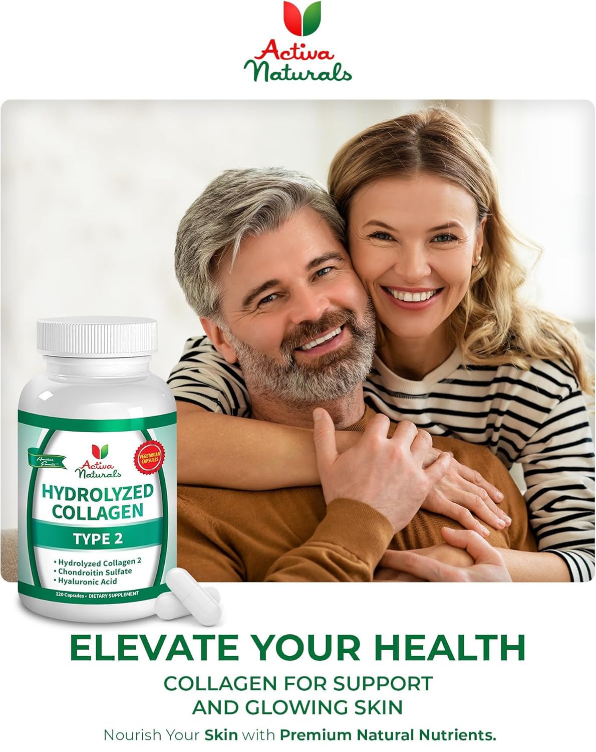 Activa Naturals Collagen Type 2 Hydrolyzed Supplement with Chondroitin and Hyaluronic, for Healthy Hair, Skin, and Nails, No Fillers, Additives, and No Artificial Colors - 120 Vegetarian Capsules Activa Naturals Au supplements