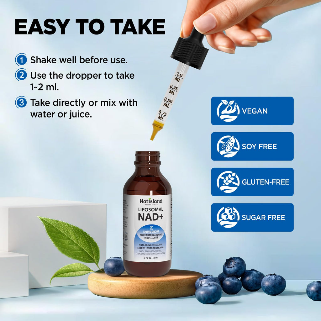 NATISLAND Liposomal NAD Supplement, 1000mg NAD+ Liquid Drops for Women & Men, with Resveratrol, Urolithin A, Quercetin, CoQ10 & PQQ, for Cellular & Metabolism Health, Energy & Anti-Aging, 2 Fl Oz NATISLAND Au supplements