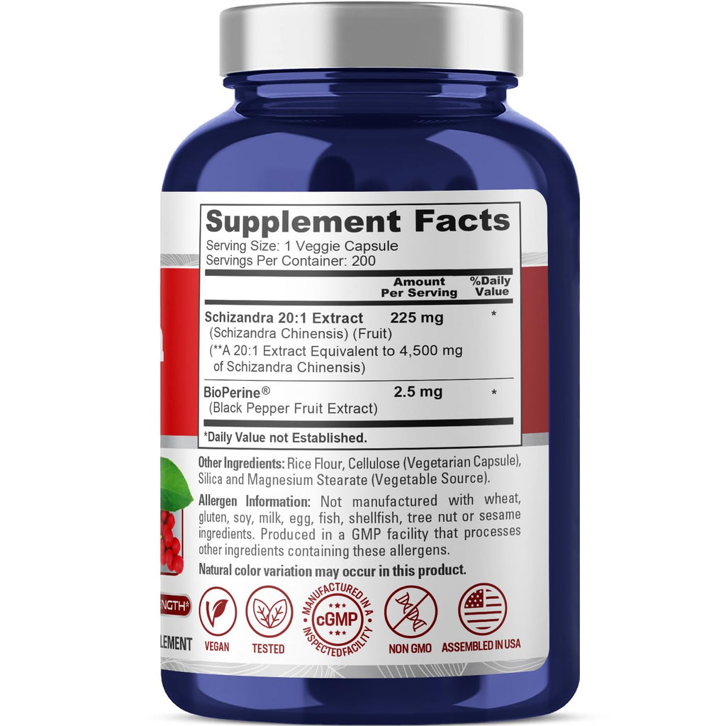 NusaPure Schizandra Berries 20:1 Extract, 225 mg Equivalent to 4500mg, 200 Vegan Capsules (Non-GMO, Bioperine) NusaPure Au supplements