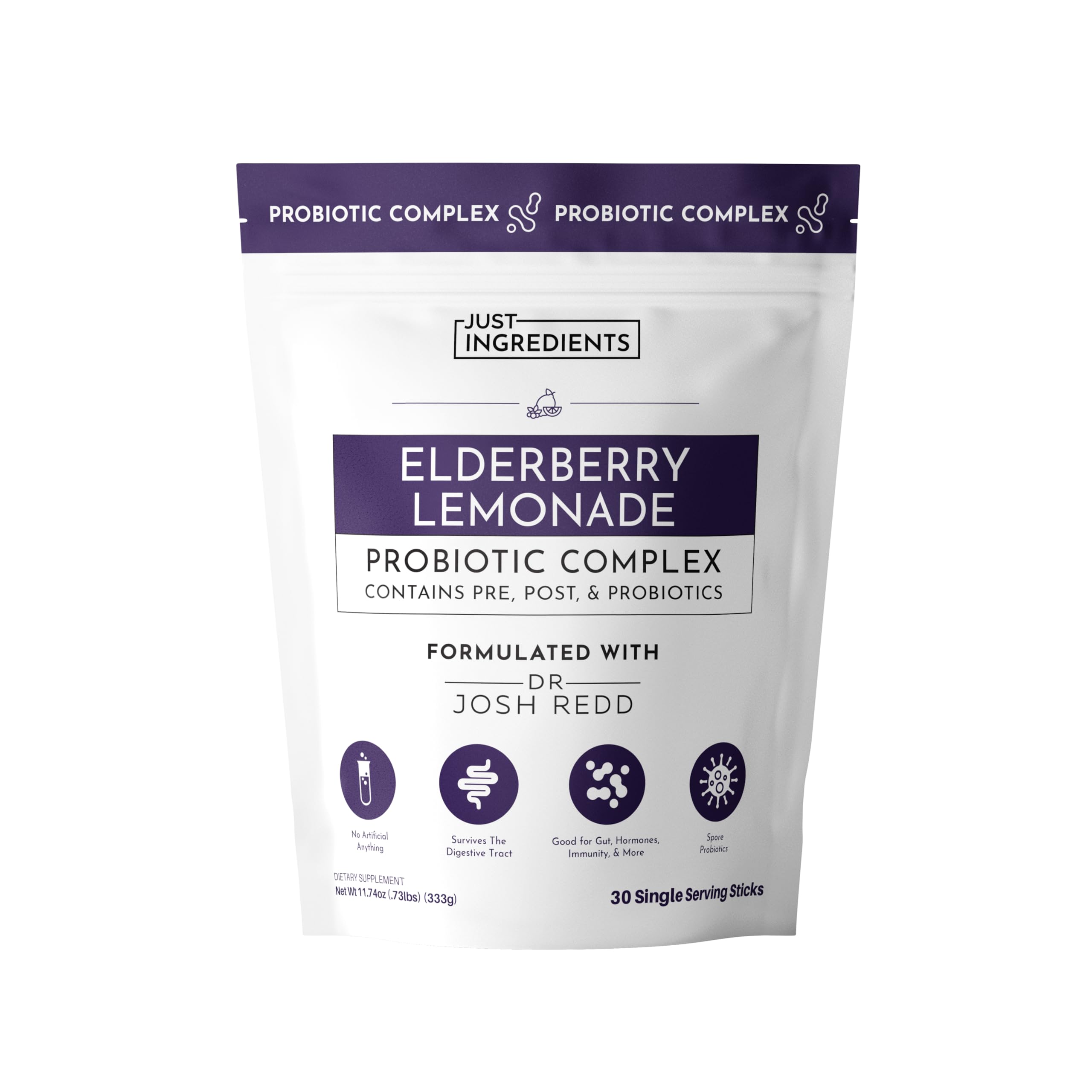 JUST INGREDIENTS Elderberry Lemonade 3-in-1 Probiotic Complex - Prebiotics, Probiotics & Postbiotics - 30 Sticks JUST INGREDIENTS Au supplements