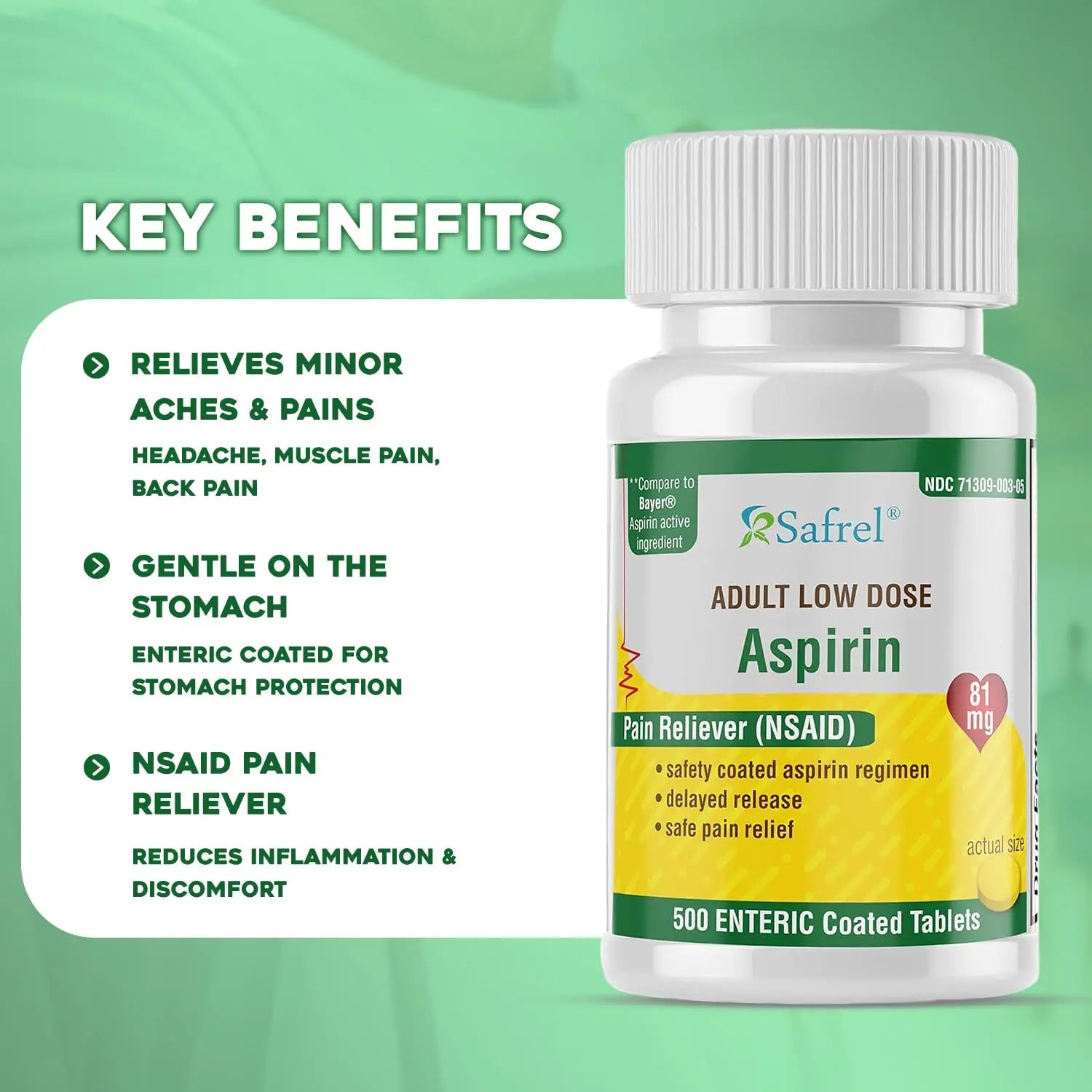 Safrel Generic Bayer Baby Aspirin 81 mg (500 Enteric Coated Tablets) | Adult Low Dose Strength Safe Pain Reliever (NSAID) for Minor Aches | Value Pack Safrel Au supplements