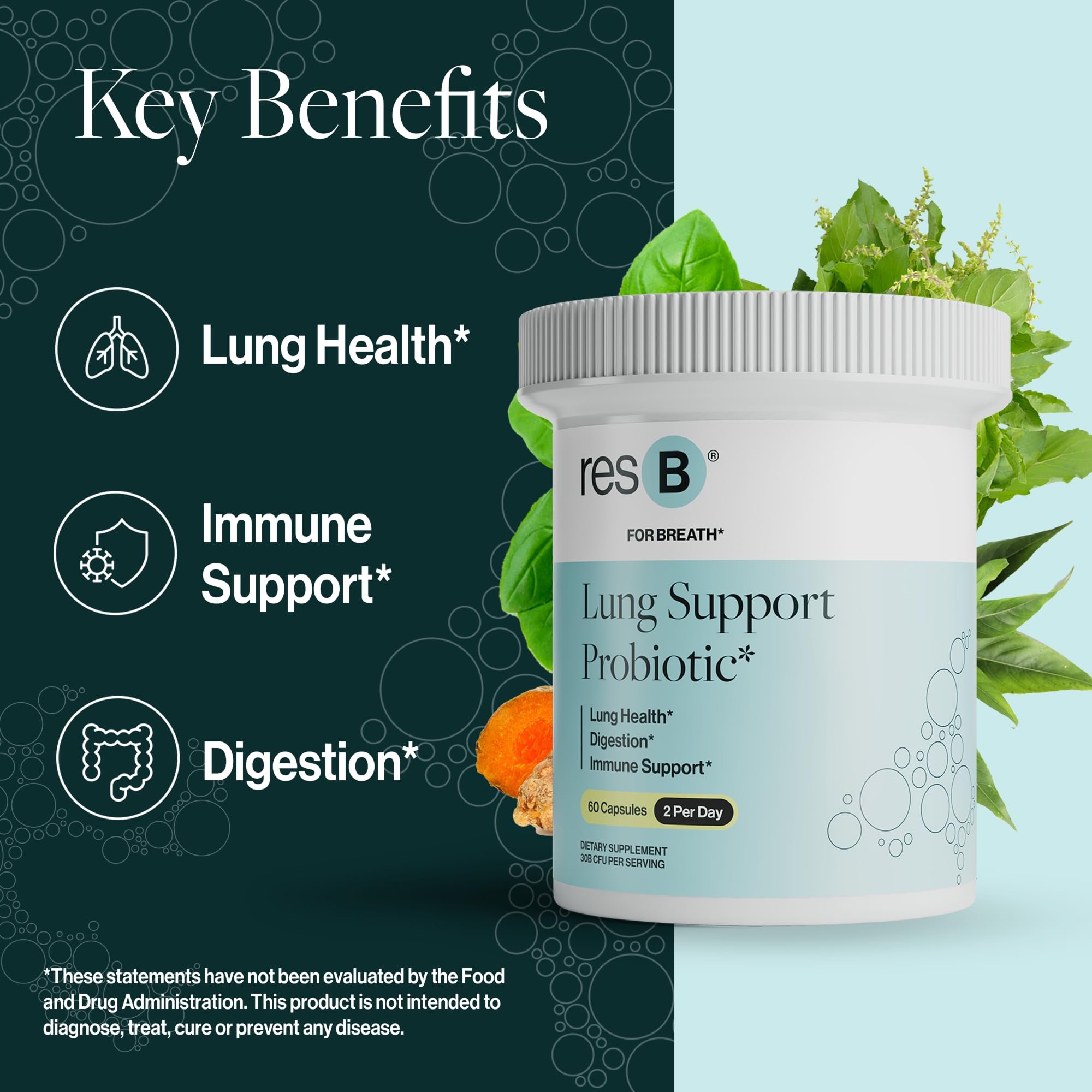 resB Lung Support Probiotic Supplement - Lung Health Supplement for Smokers, Gut Health, Immune & Digestive Support, Respiratory Care, Holy Basil & Turmeric, Clinically Trialed - 60 Capsules ResBiotic Au supplements