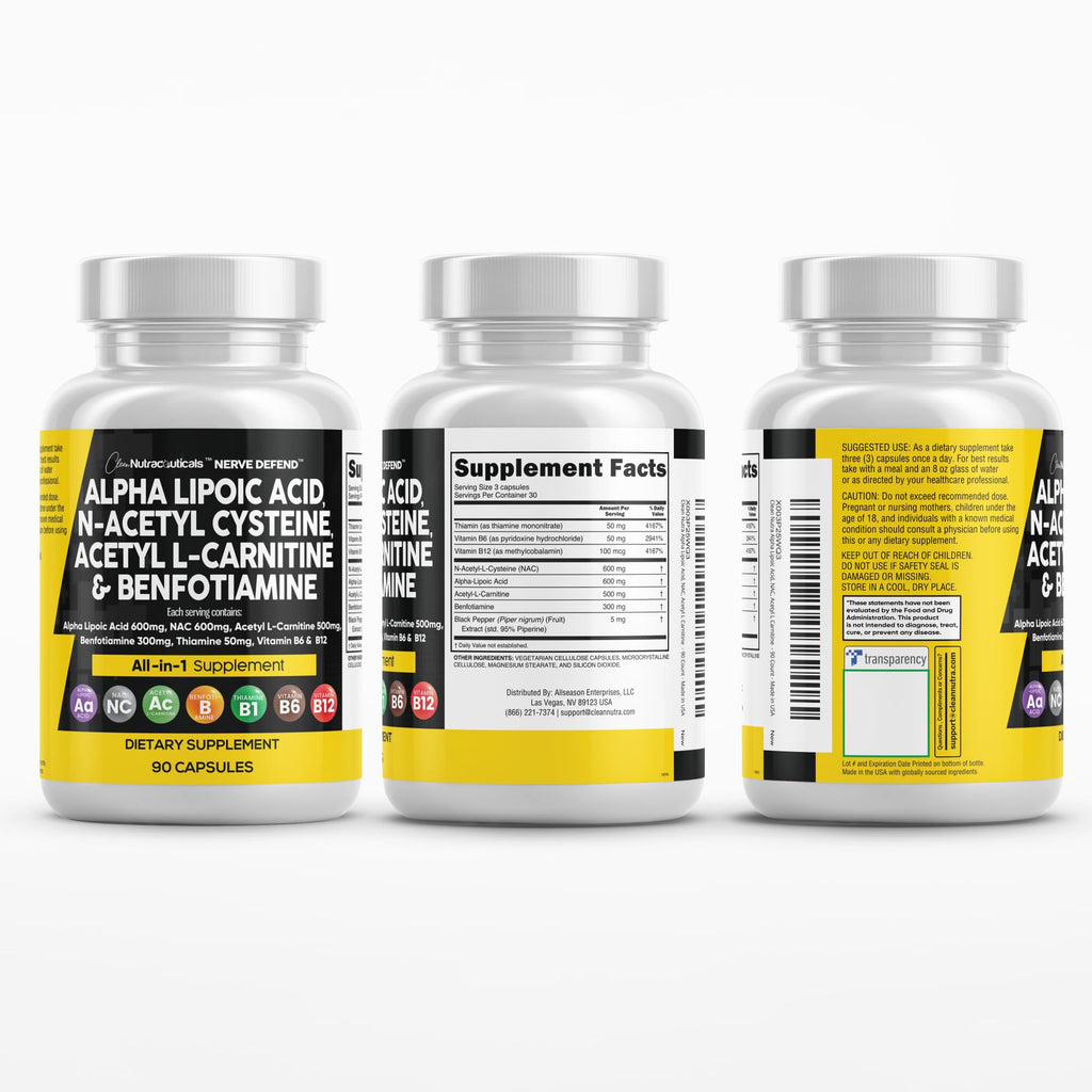 Alpha Lipoic Acid 600mg N-Acetyl Cysteine 600mg Acetyl L-Carnitine 500mg Benfotiamine 300mg - Nerve Support Supplement for Women and Men
