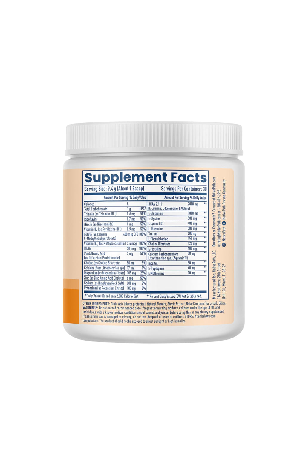 NativePath Hydrate, Zero Sugar, Electrolytes Powder with BCAAs, Tangerine Hydration, Keto & Paleo Friendly, 30 Servings