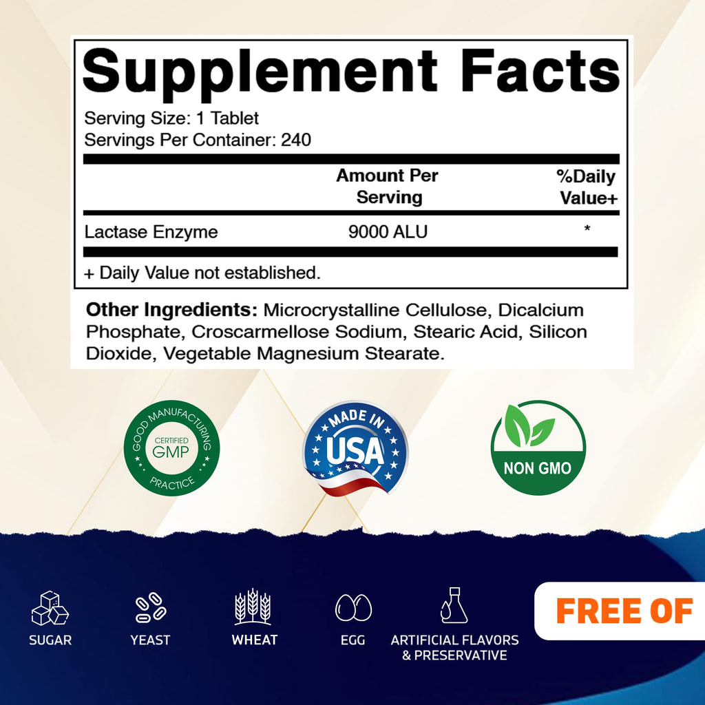 Vitamatic Lactase Enzyme 9000 FCC 240 Tablets - Lactose Intolerance Relief Caplets