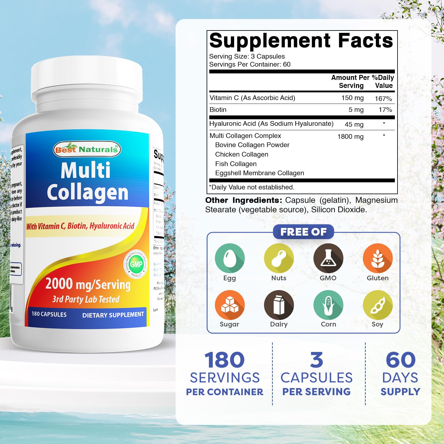 Best Naturals Multi Collagen Pills 2000mg for Women & Men - Hydrolyzed Collagen Peptides Capsules for Hair Skin and Nails with Types I