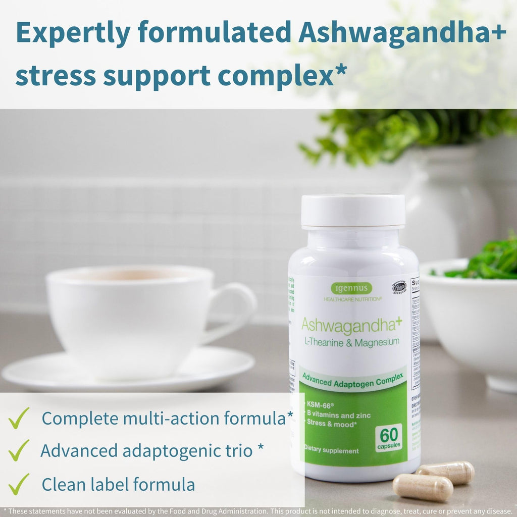 Igennus High Strength Ashwagandha, Magnesium, & L-Theanine Stress Relief Complex, KSM-66 Root Extract Adaptogens, Boosted with Methylfolate, Zinc & Biotin Clean Label, 60 Fast Acting Capsules Igennus Healthcare Nutrition Au supplements