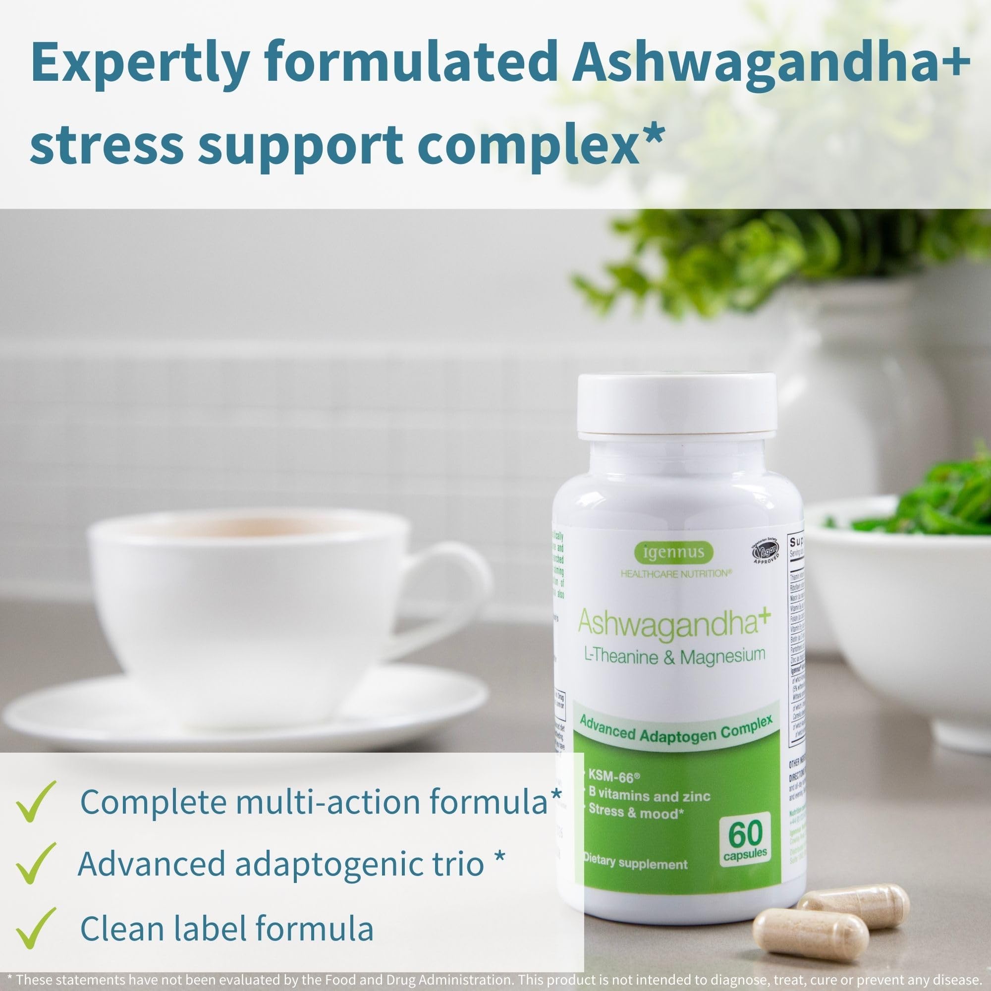 Igennus High Strength Ashwagandha, Magnesium, & L-Theanine Stress Relief Complex, KSM-66 Root Extract Adaptogens, Boosted with Methylfolate, Zinc & Biotin Clean Label, 60 Fast Acting Capsules Igennus Healthcare Nutrition Au supplements