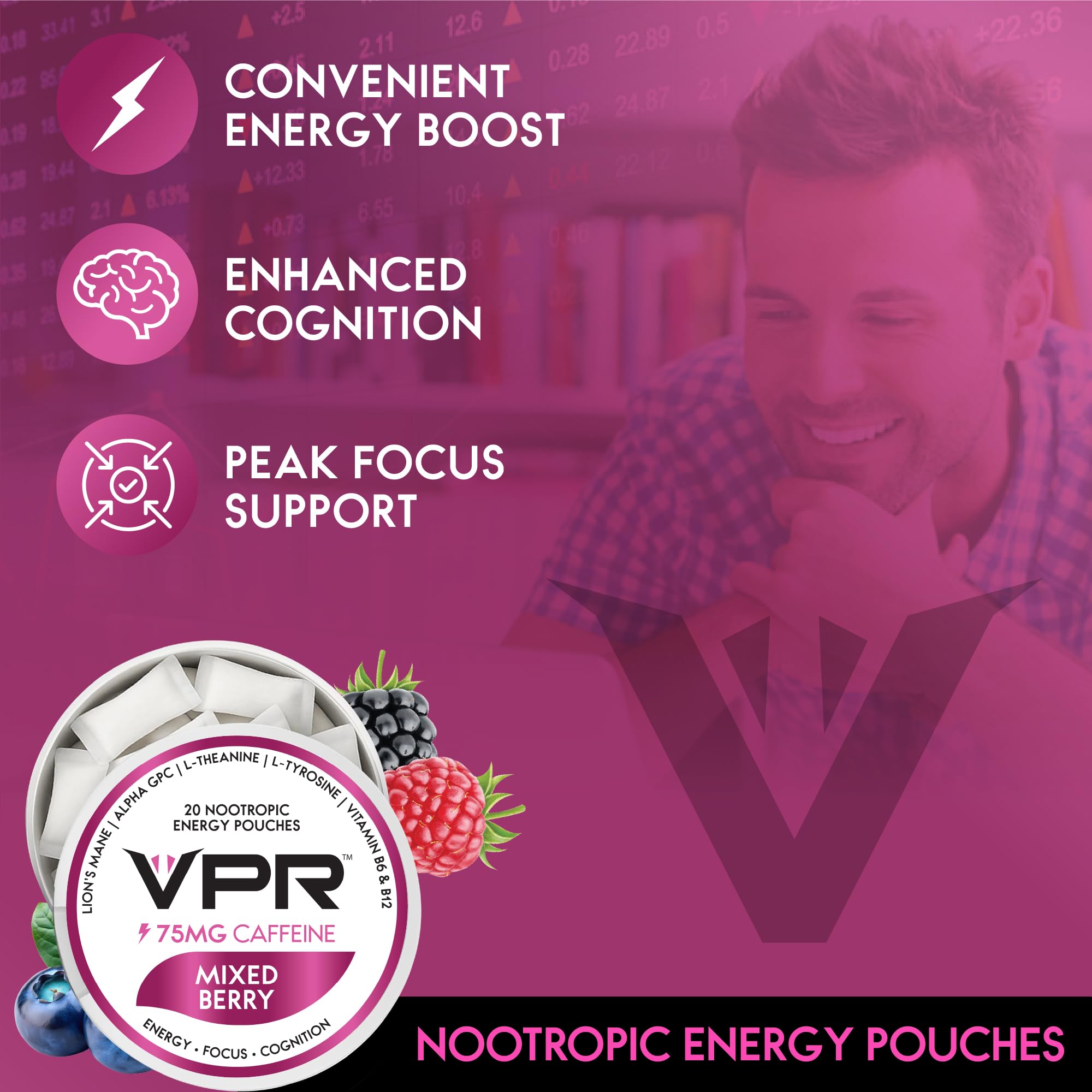 VPR 75MG Caffeine Nootropic Pouches | 20 Count Energy Pouches with Lion's Mane, Alpha-GPC, Vitamin B6 & B12, L-Theanine, and L-Tyrosine | Naturally Flavored Focus Pouches with No Sugar (Variety Pack) VPR Energy Au supplements