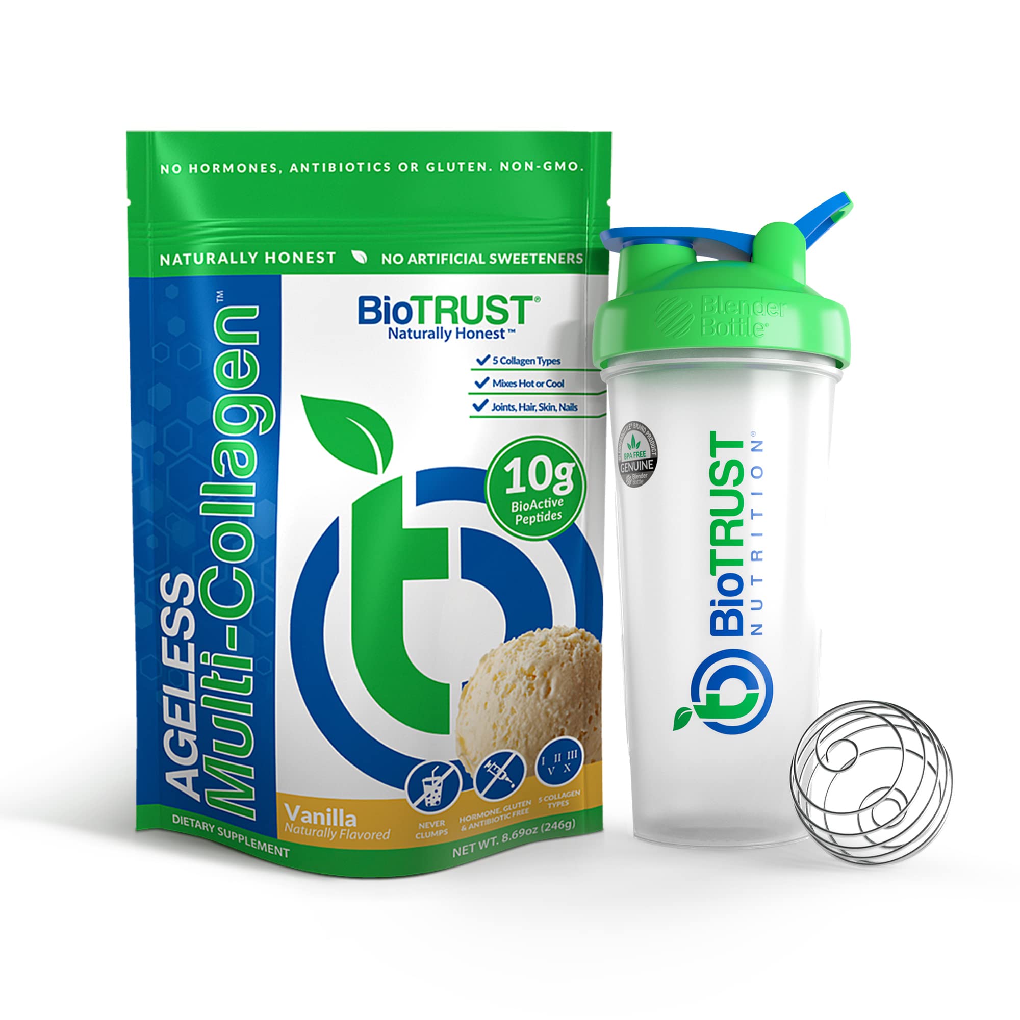BioTrust Ageless Multi Collagen 5-in-1 Protein Powder (Vanilla) BlenderBottle Bundle