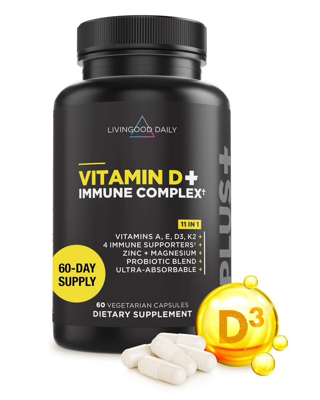 Livingood Daily Vitamin D3 K2 4000 IU Supplement, 9-in-1 Dietary Supplement for Immune Support - Made with Vitamins D, A, E, K2, Zinc, Magnesium & Probiotic Blend
