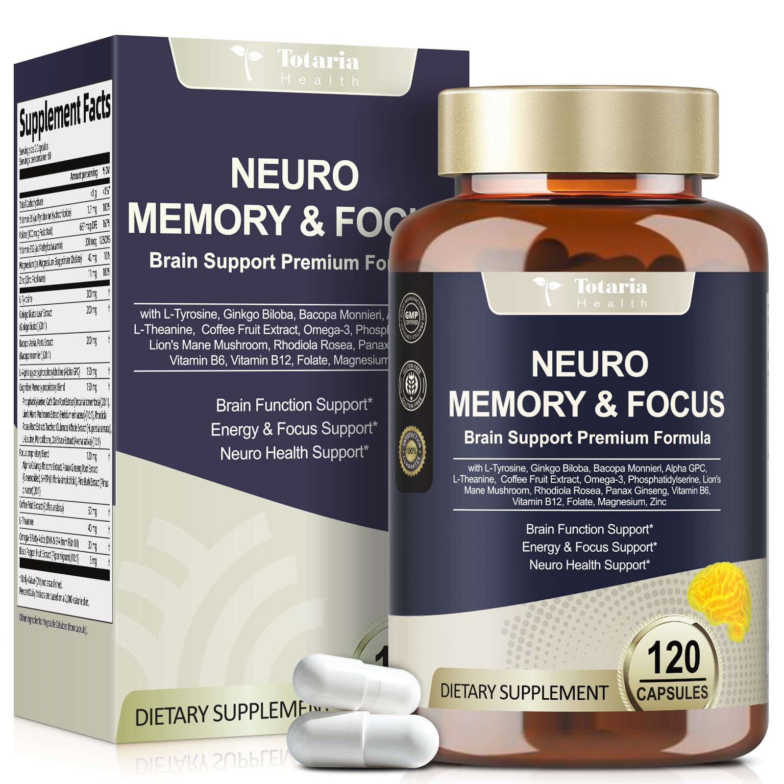 25 in 1 Brain Supplements for Memory and Focus & Neuro Health - Daily Brain Nootropic Cognitive Supplement with L-Tyrosine, Bacopa Monnieri, Ginkgo Biloba, Alpha GPC - Non-GMO, Gluten Free Totaria Au supplements