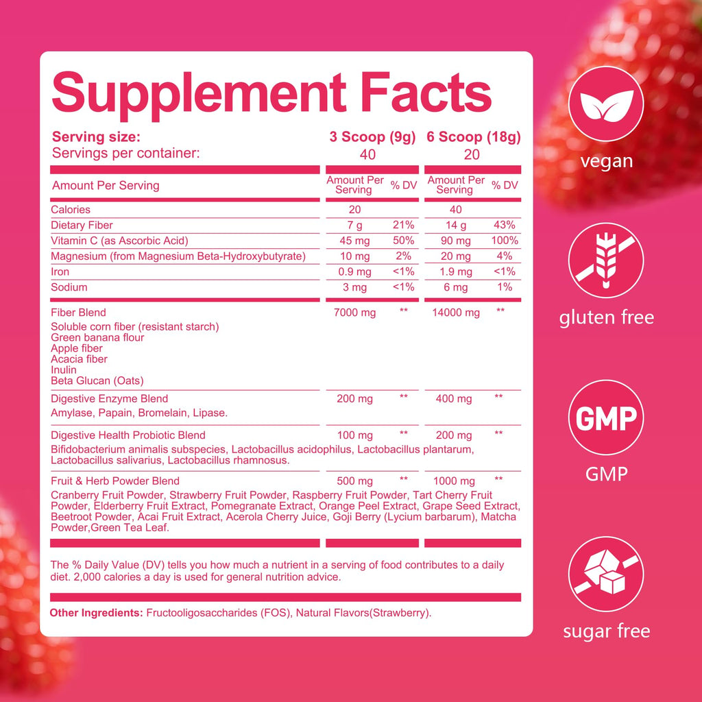 Migcopat Superfood Fiber Powder with Probiotics, Prebiotics, Digestive Enzymes, Vitamin C, Inulin, Magnesium, 14G Fiber Supplement for Digestive Support & Skin Health