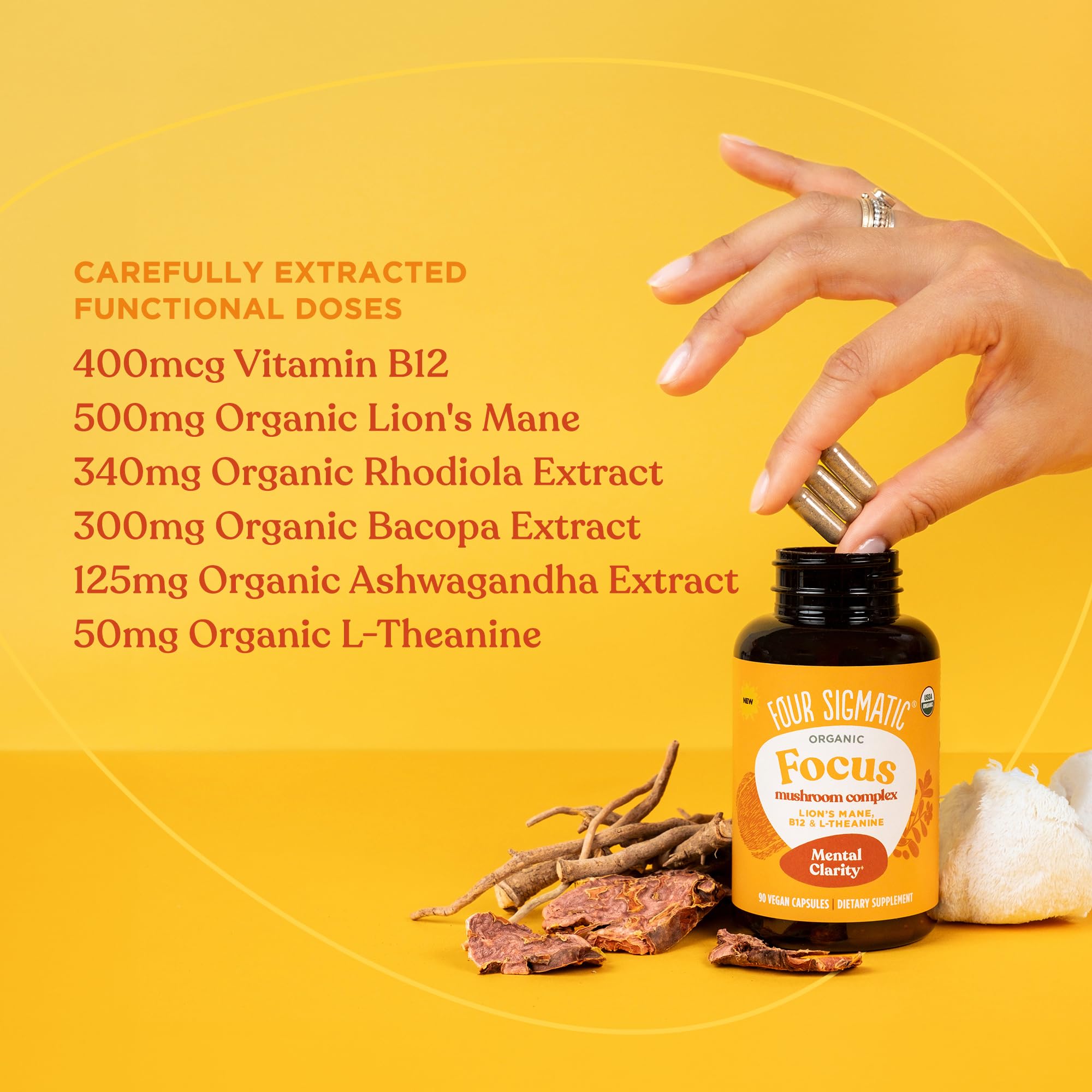 Four Sigmatic Focus Capsules | Lion's Mane Supplement Capsules | Brain Boosting Complex with Ashwagandha, Bacopa Monnieri & Rhodiola | Vegan Nootropic Adaptogen & Mushroom Supplement | 30 Servings Four Sigmatic Au supplements