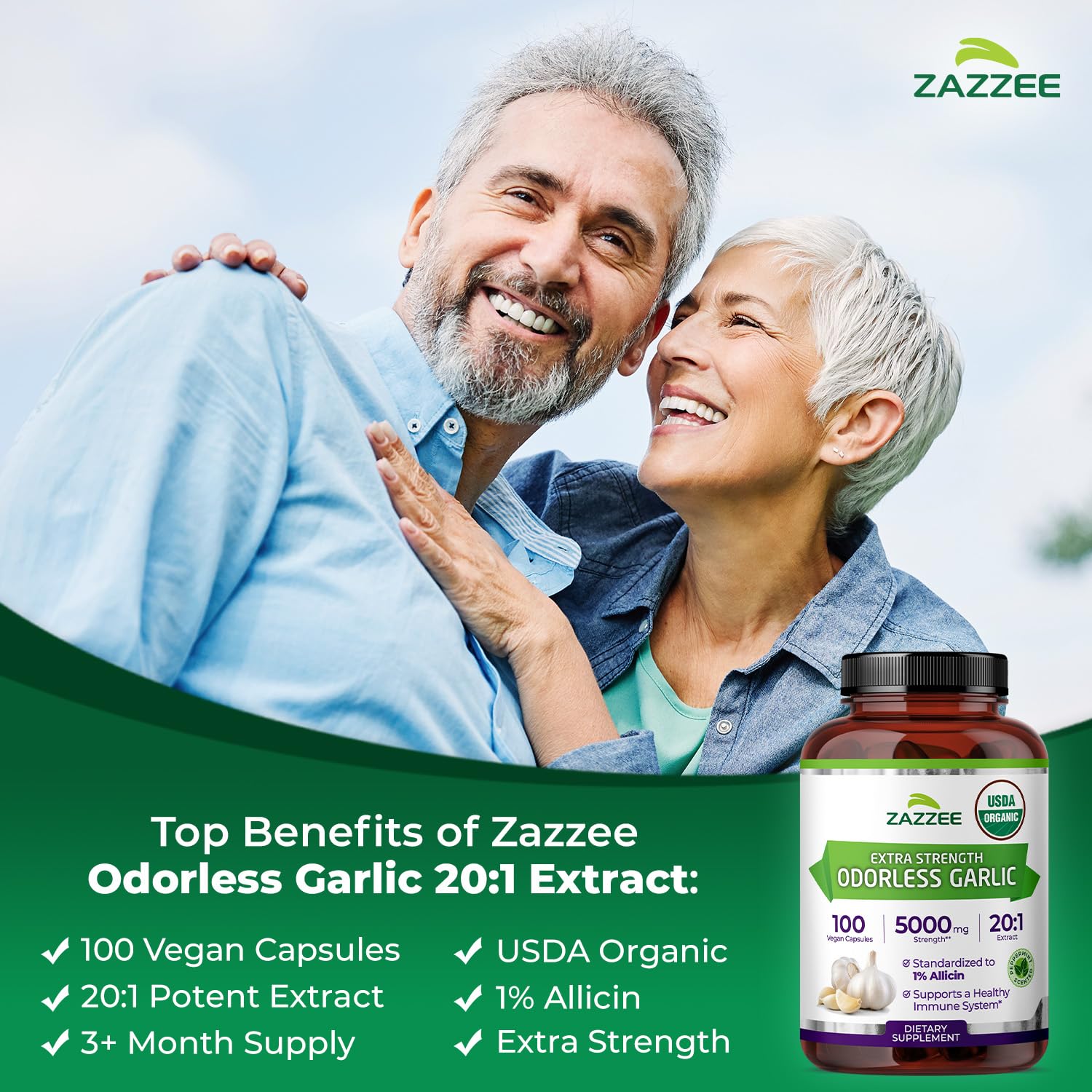Zazzee USDA Organic Odorless Garlic 20:1 Extract, 1% Allicin, 100 Vegan Capsules, 3+ Month Supply, Allium Sativum, Immune, Circulation & Heart Health Support