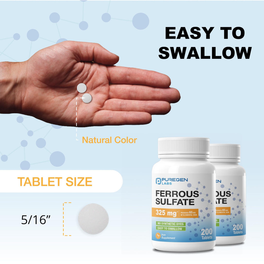 Puregen Labs Ferrous Sulfate 325 mg (65 mg Elemental Iron) High Potency Iron Supplement | No Artificial Color Additives - 200 Tablets