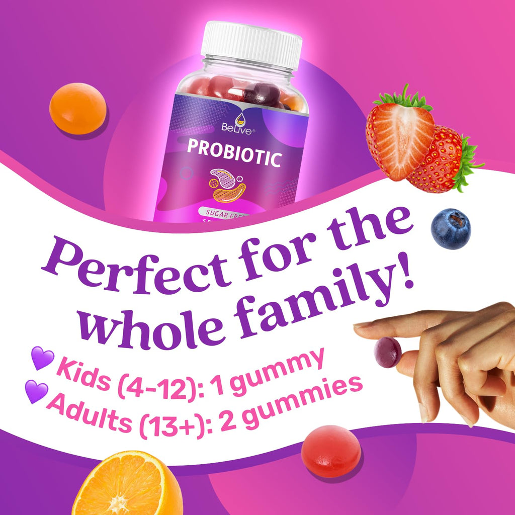 BeLive Probiotic Gummies - Probiotics with 5 Billion CFUs for Digestive Health, Men, Women & Kids - for Immune Support, Sugar Free & Vega