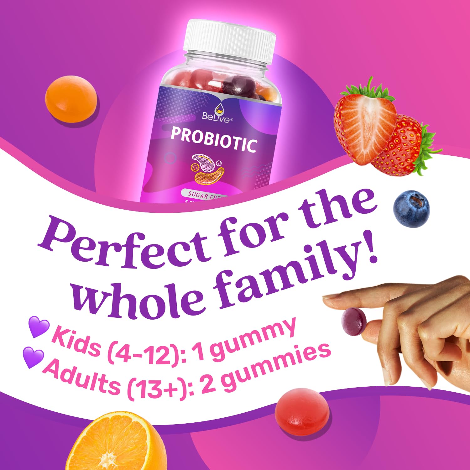 BeLive Probiotic Gummies - Probiotics with 5 Billion CFUs for Digestive Health, Men, Women & Kids - for Immune Support, Sugar Free & Vega