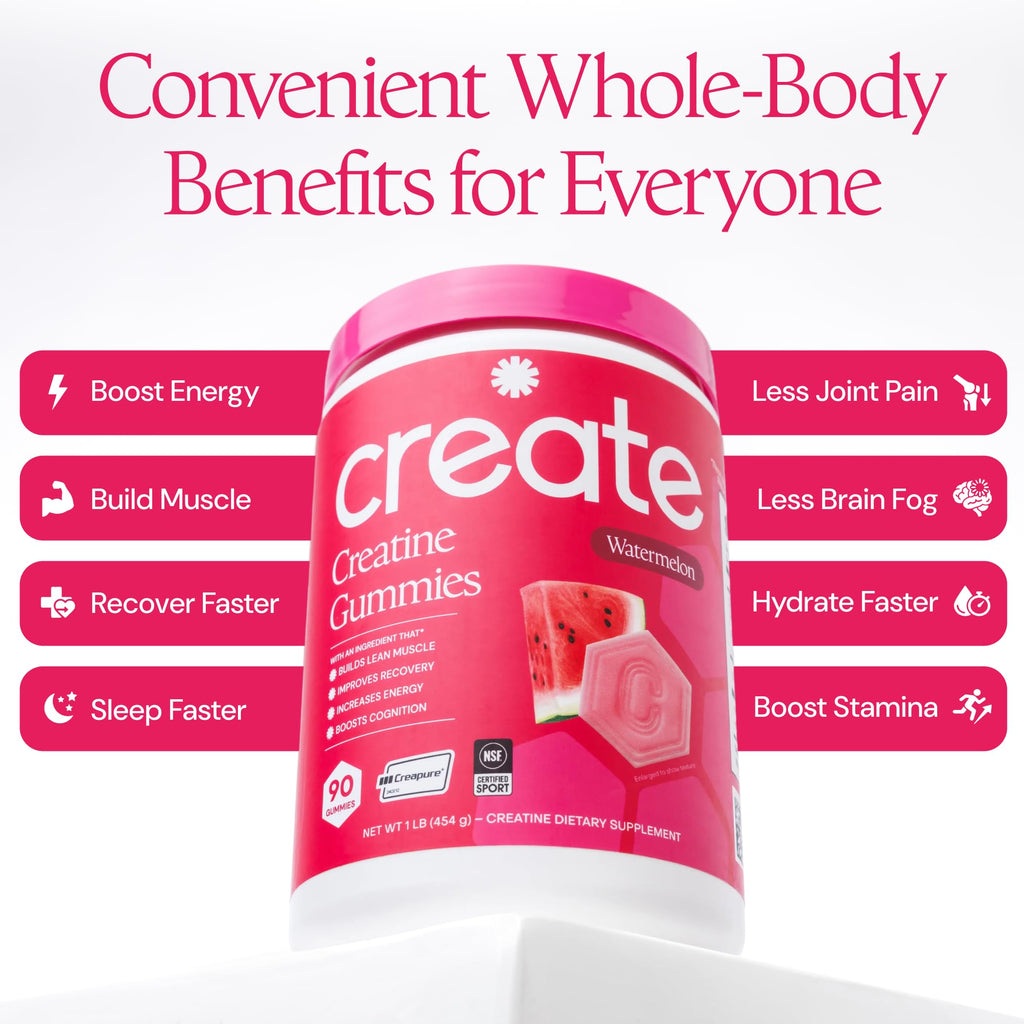 Create Creatine Monohydrate Gummies for Men & Women, Boost Focus, Strength, and Endurance, Anti-Melting Formula, Vegan, Gluten-Free, Non-GMO