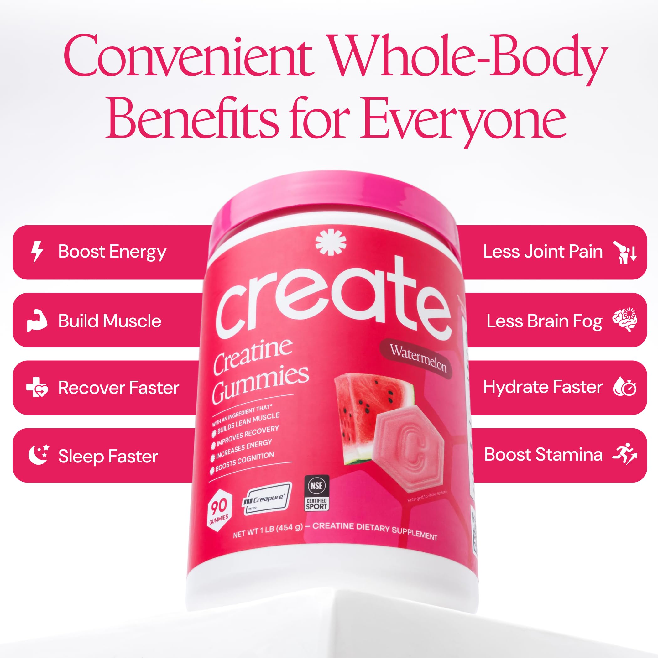 Create Creatine Monohydrate Gummies for Men & Women, Boost Focus, Strength, and Endurance, Anti-Melting Formula, Vegan, Gluten-Free, Non-GMO