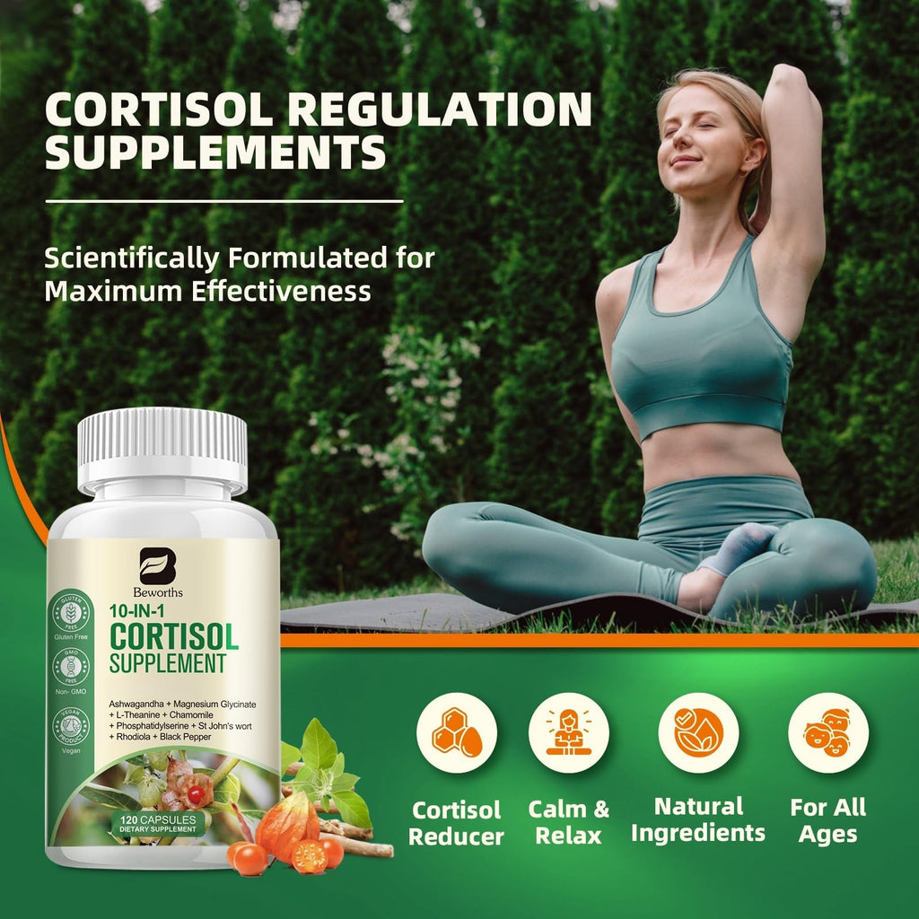 B BEWORTHS Cortisol Supplements for Women Men, 10-in-1 Cortisol Detox with Ashwagandha, Magnesium, L-Theanine, Balanced Cortisol Levels, Night & Calm Support, 120 Vegan Capsules B BEWORTHS Au supplements