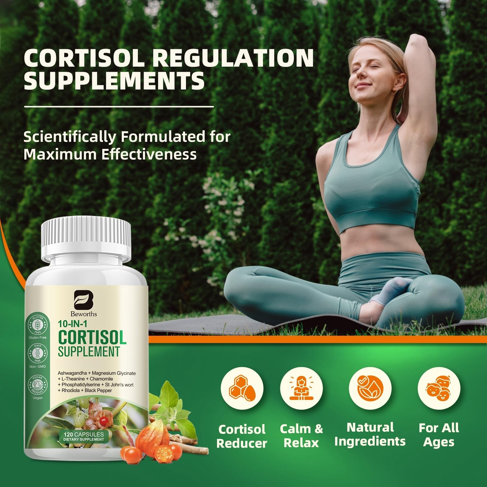 B BEWORTHS Cortisol Supplements for Women Men, 10-in-1 Cortisol Detox with Ashwagandha, Magnesium, L-Theanine, Balanced Cortisol Levels, Night & Calm Support, 120 Vegan Capsules B BEWORTHS Au supplements