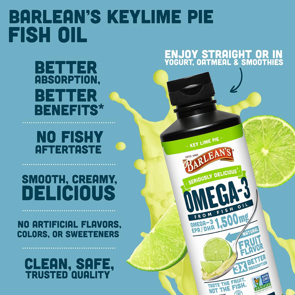 Barlean's Omega 3 Fish Oil Liquid Supplement for Men and Women, 1500mg of EPA and DHA Fatty Acid, Promotes Brain & Heart Health