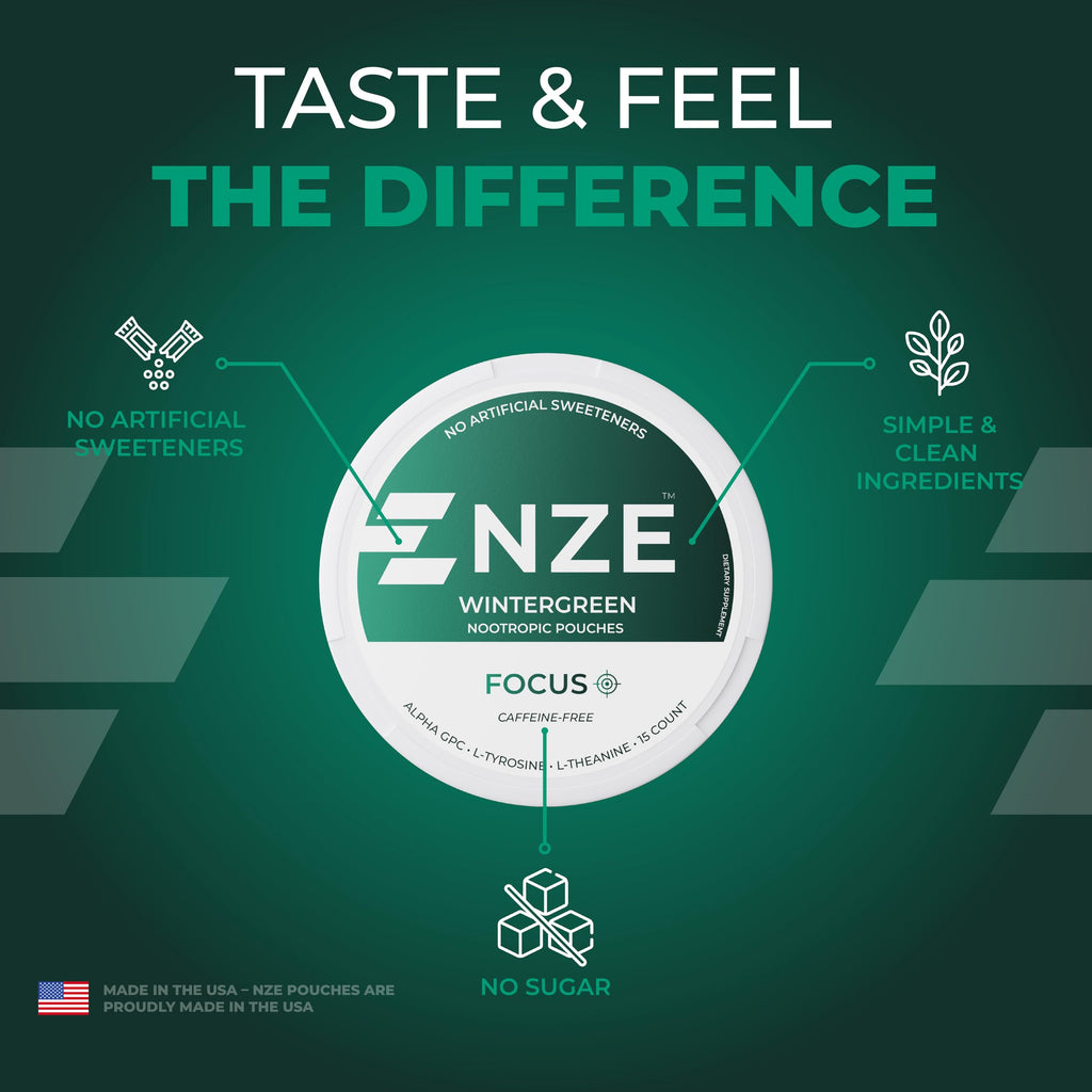 NZE Caffeine Free Nootropic Pouches (Wintergreen) - Nootropic Pouches with Alpha GPC, L-Tyrosine & L-Theanine - No Sugar or Artificial Sweeteners - 15 Pouches Per Can - 5 Pack NZE Au supplements