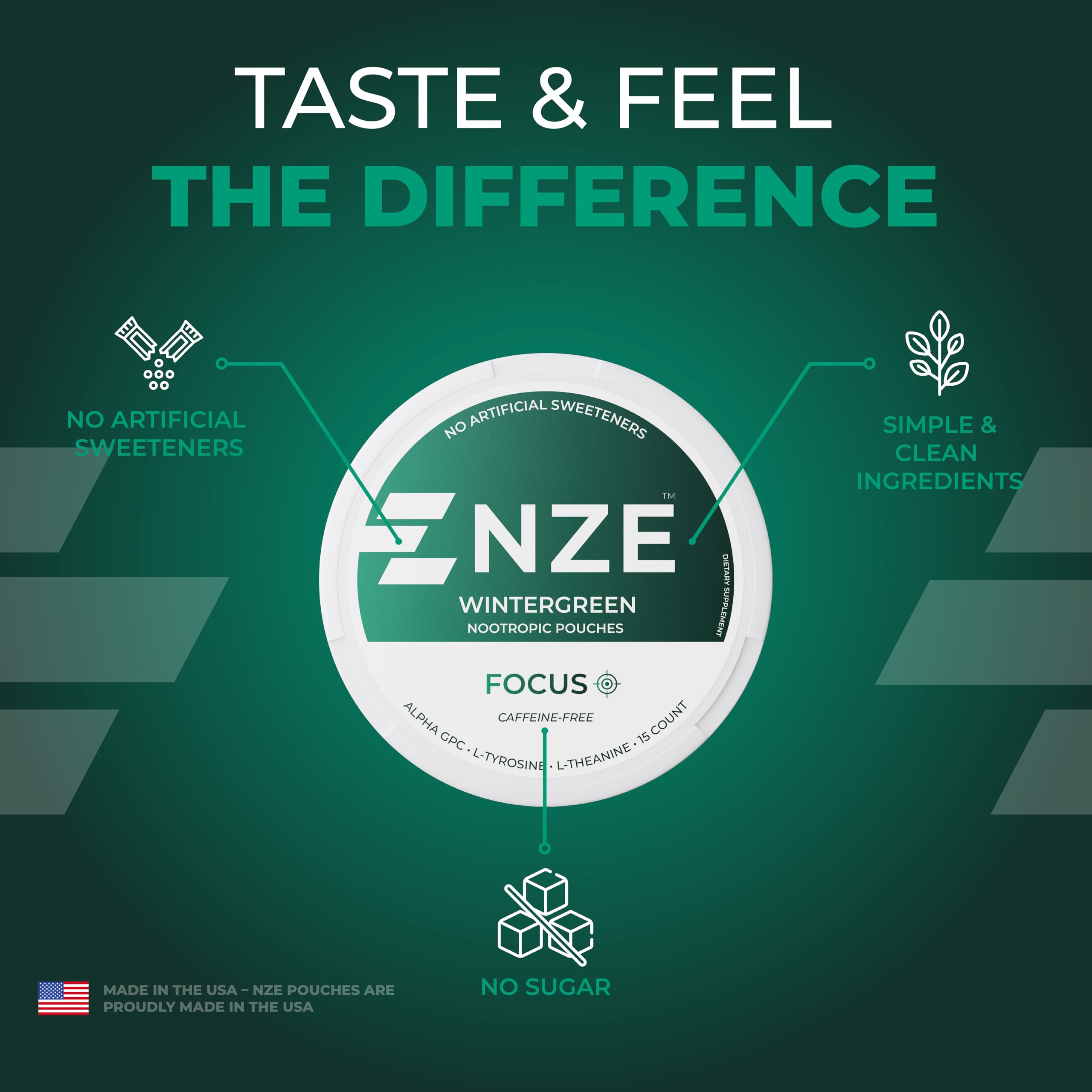 NZE Caffeine Free Nootropic Pouches (Wintergreen) - Nootropic Pouches with Alpha GPC, L-Tyrosine & L-Theanine - No Sugar or Artificial Sweeteners - 15 Pouches Per Can - 5 Pack NZE Au supplements