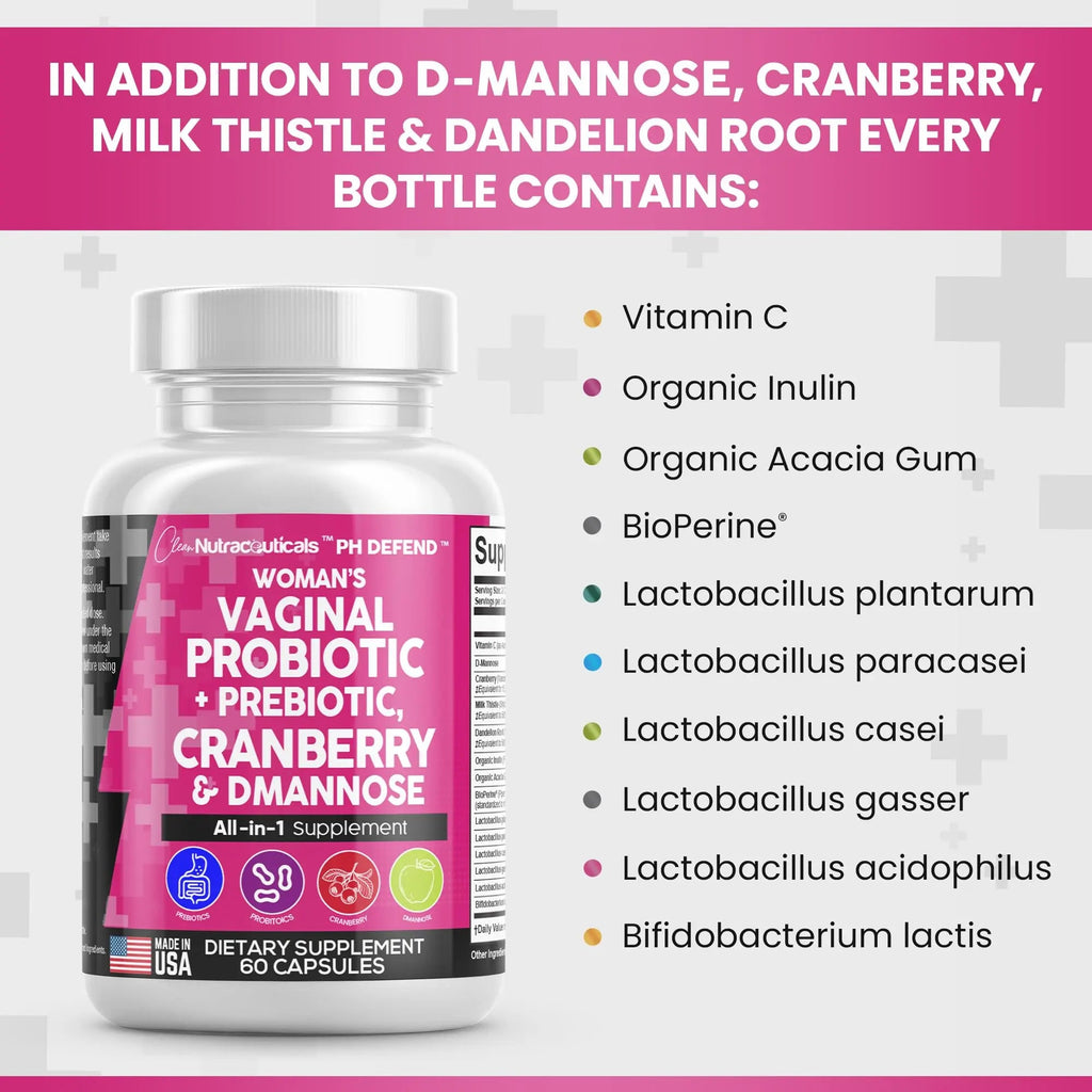 Vaginal Probiotics For Women + Prebiotics 20 Billion Cranberry Pills 30,000mg w/ D-Manno Clean Nutraceuticals Au supplements