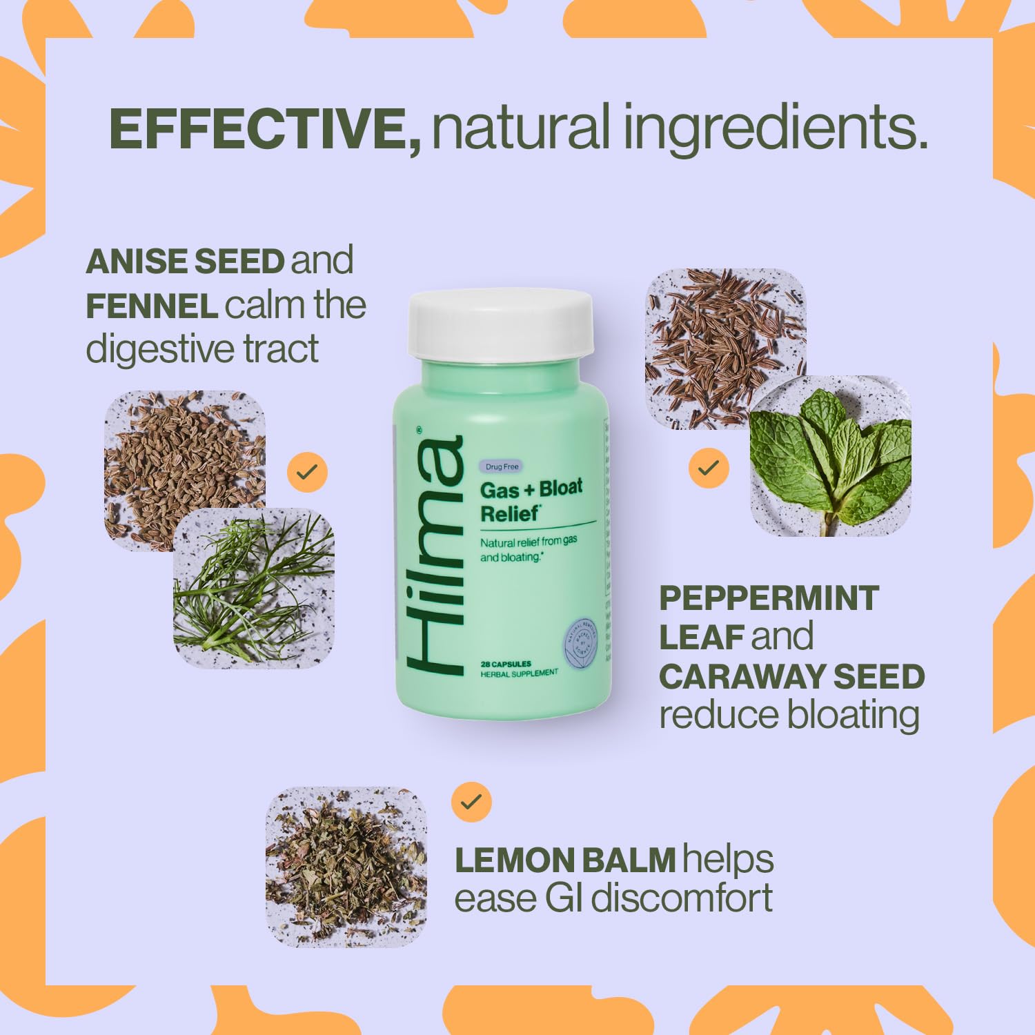 Hilma Natural Gas and Bloating Relief for Women, Doctor Formulated with Organic Ingredients, Lemon Balm, Fennel and Peppermint Leaf, 50 Vegan Capsules Hilma Au supplements