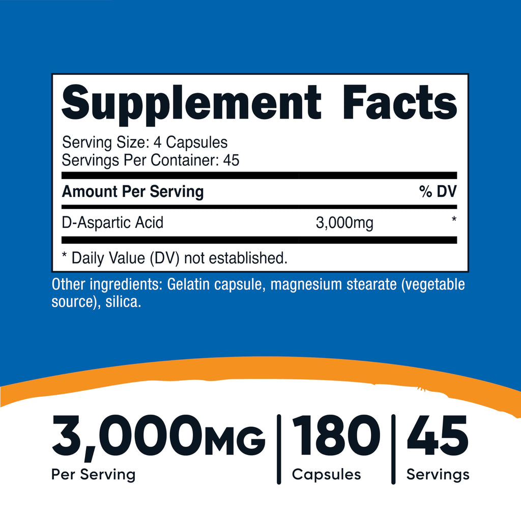 Nutricost D-Aspartic Acid (DAA) Capsules 3000mg Per Serving (180 Capsules) - Non-GMO