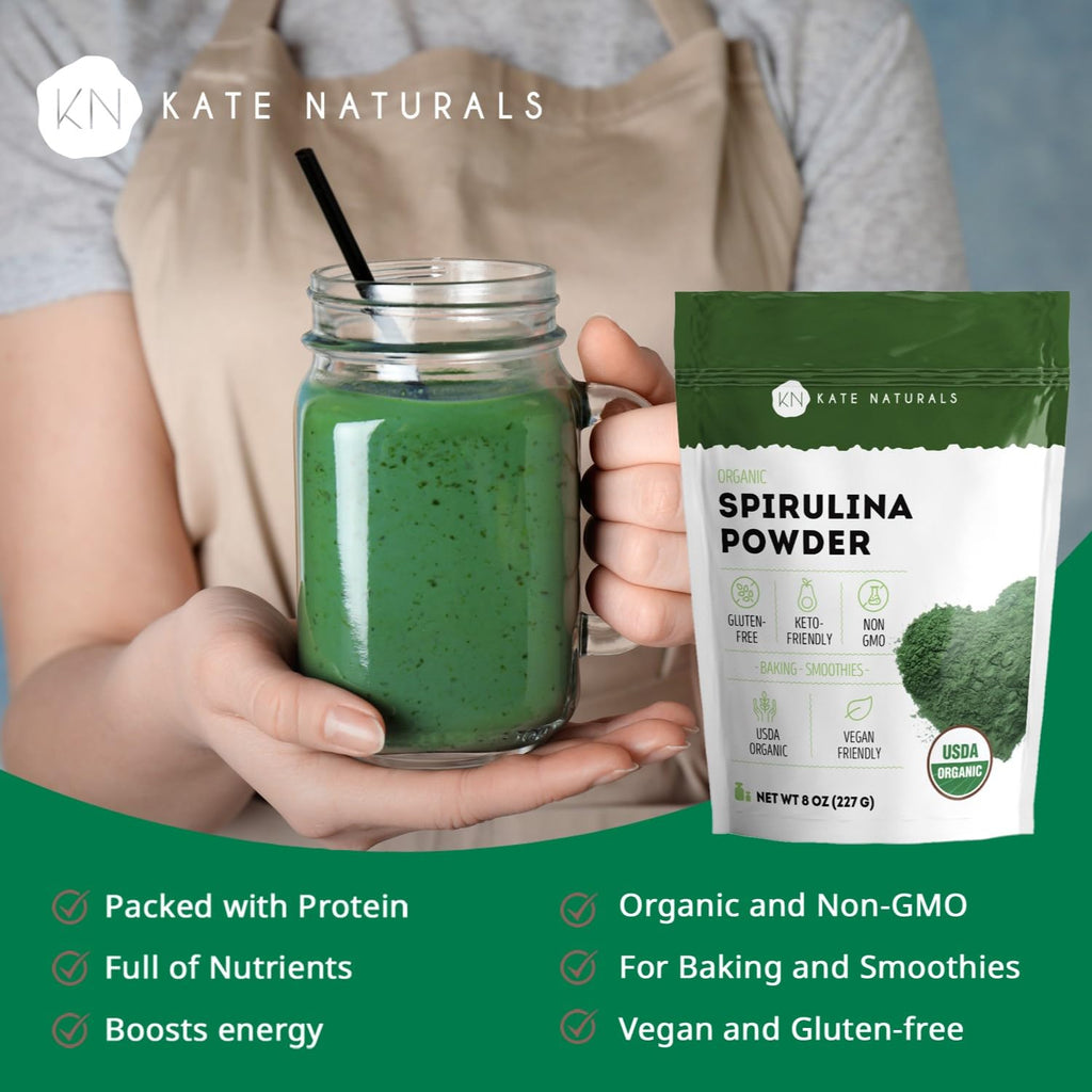 Kate Naturals Organic Spirulina Powder for Immune Support and Antioxidants. Nutrient Dense Superfood Supplement
