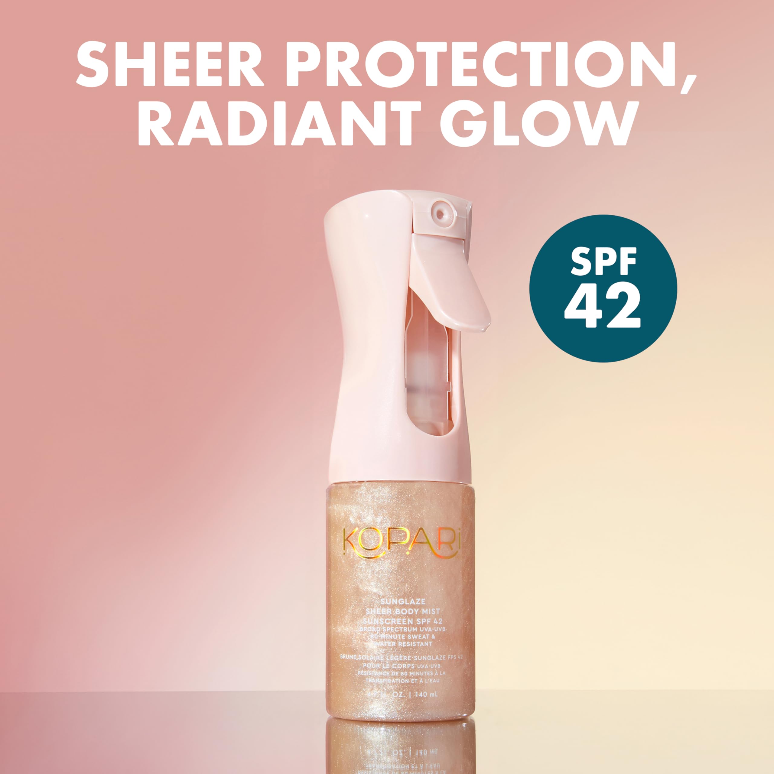 Kopari Rose Gold Sunglaze Sheer Body Mist Sunscreen SPF 42, Infused with Shimmering Body Oil, Hydrating Mist, Hydrates
