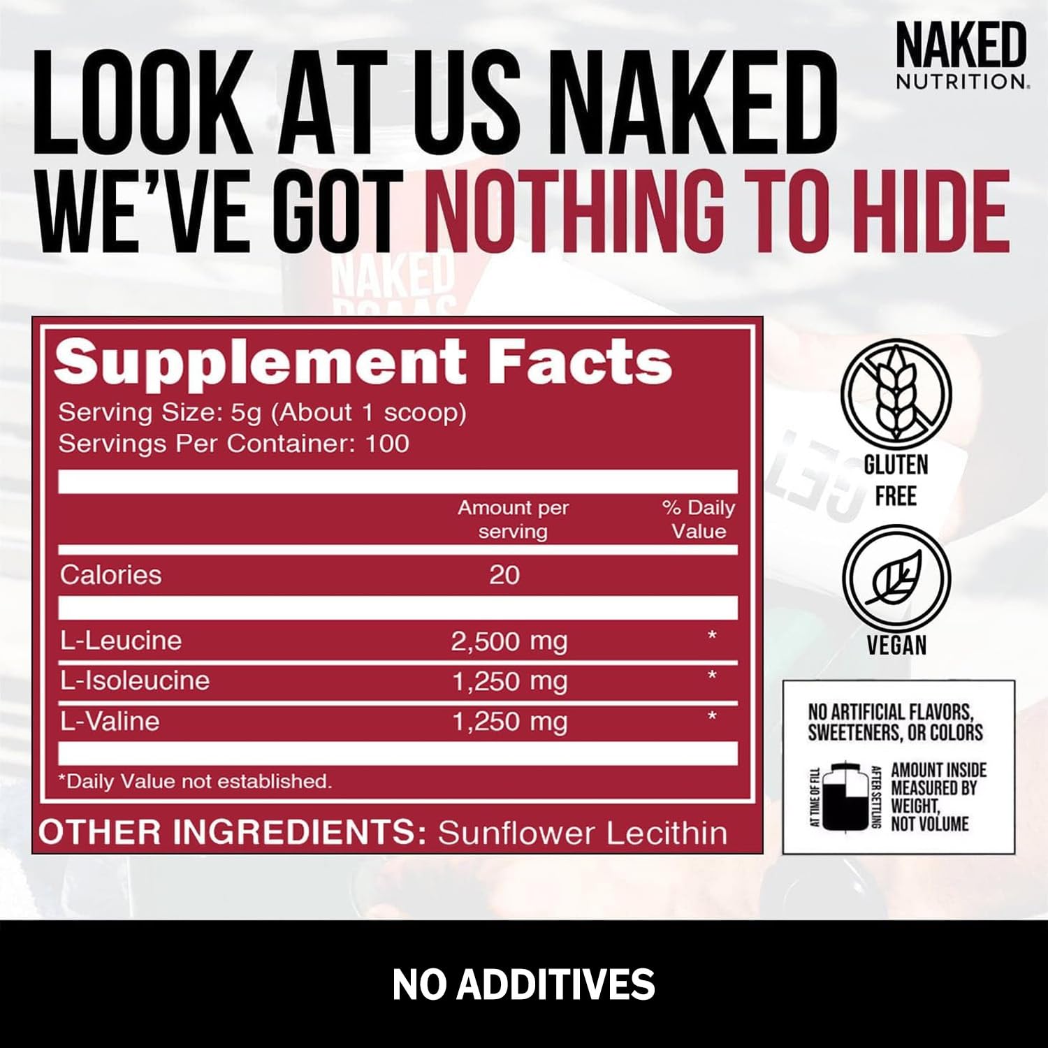 NAKED BCAAs Amino Acids Powder, Only 1 Ingredient, Pure 2:1:1 Formula, Vegan Unflavored Branched Chain Amino Acids, Instantized All Natural BCAA Supplement - 500 Grams, 100 Servings