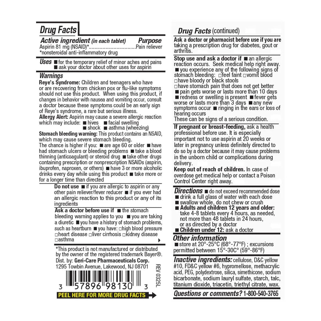 GeriCare Aspirin 81mg Adult Low Dose, Pain Reliever - Enteric Coated Tablets for Enhanced Absorption and Gentle Digestion – Supports Blood Flow, Reduces Inflammation, 300 Count (Pack of 1) GeriCare Au supplements
