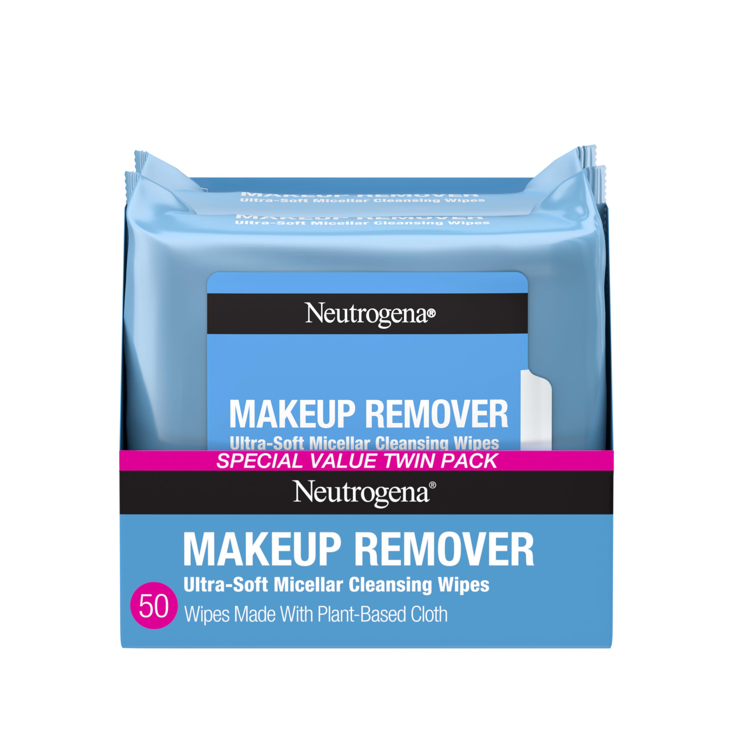 Neutrogena Makeup Remover Wipes Micellar Alcohol-Free Face Towelettes Remove Waterproof Mascara & Oil, Compostable 100% Plant-Based Cloth