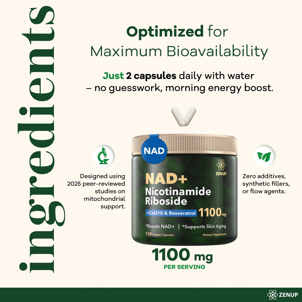 ZenUP NAD+ Supplement | 1100mg Liposomal Nicotinamide Riboside with Resveratrol & Quercetin | Anti-Aging, Cellular Energy, Mental Focus | 120 Caps ZenUP Au supplements