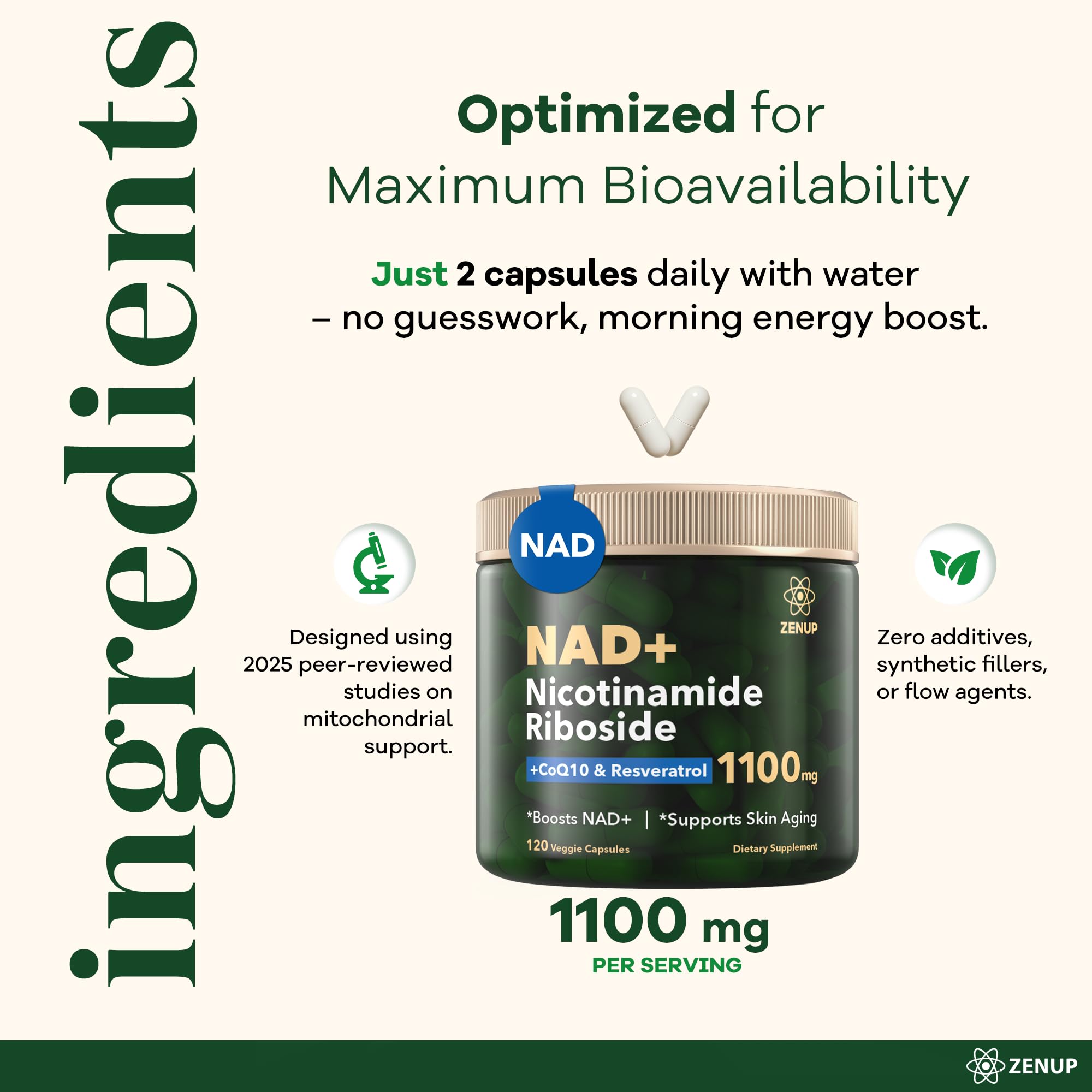 ZenUP NAD+ Supplement | 1100mg Liposomal Nicotinamide Riboside with Resveratrol & Quercetin | Anti-Aging, Cellular Energy, Mental Focus | 120 Caps ZenUP Au supplements