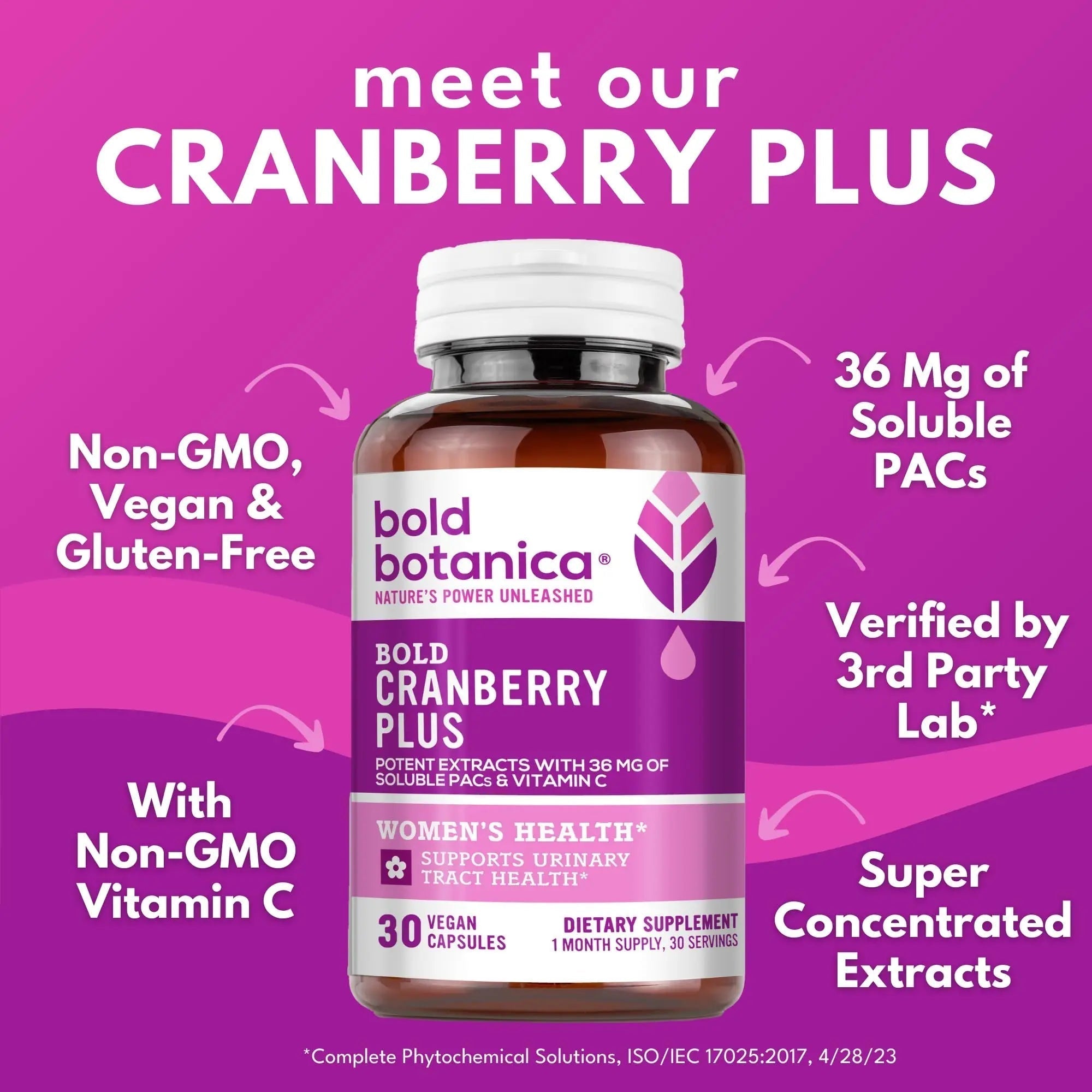 Bold Cranberry Plus Capsules - 100% Soluble 36mg PACs - Cranberry Pills for Women & Men with Urinary Tract Support, Non-GMO Vitamin C — 30 Vegan Capsules, 1 Month Supply Bold Botanica Au supplements
