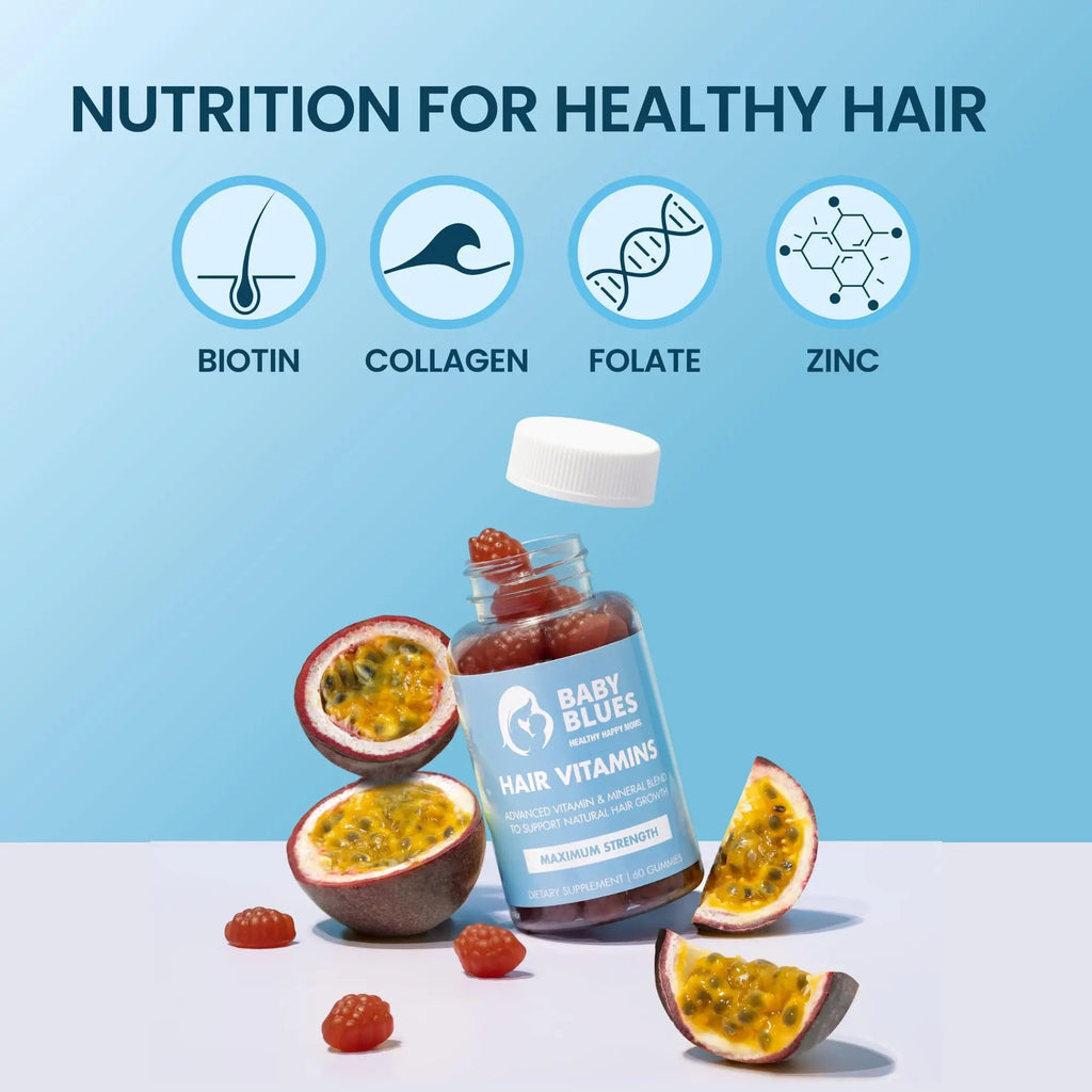 Baby Blues Postpartum Hair Loss Vitamins - Passion Fruit Gummies with Biotin, Collagen, & Folate Baby Blues Au supplements
