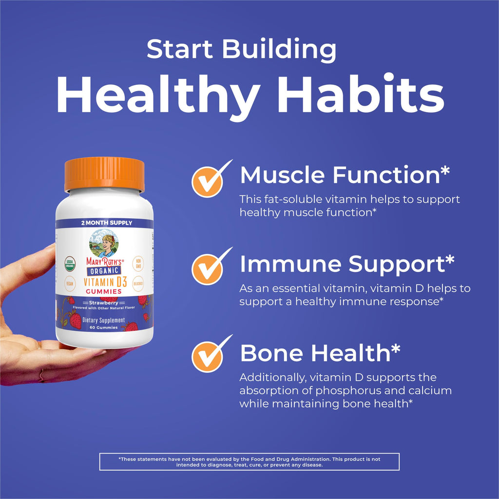 MARYRUTH'S Organic Vitamin D3 Gummies | 1000 IU | USDA Organic | Immune Support| Bone Health | Muscle Function | for Adults & Kids Ages 2+