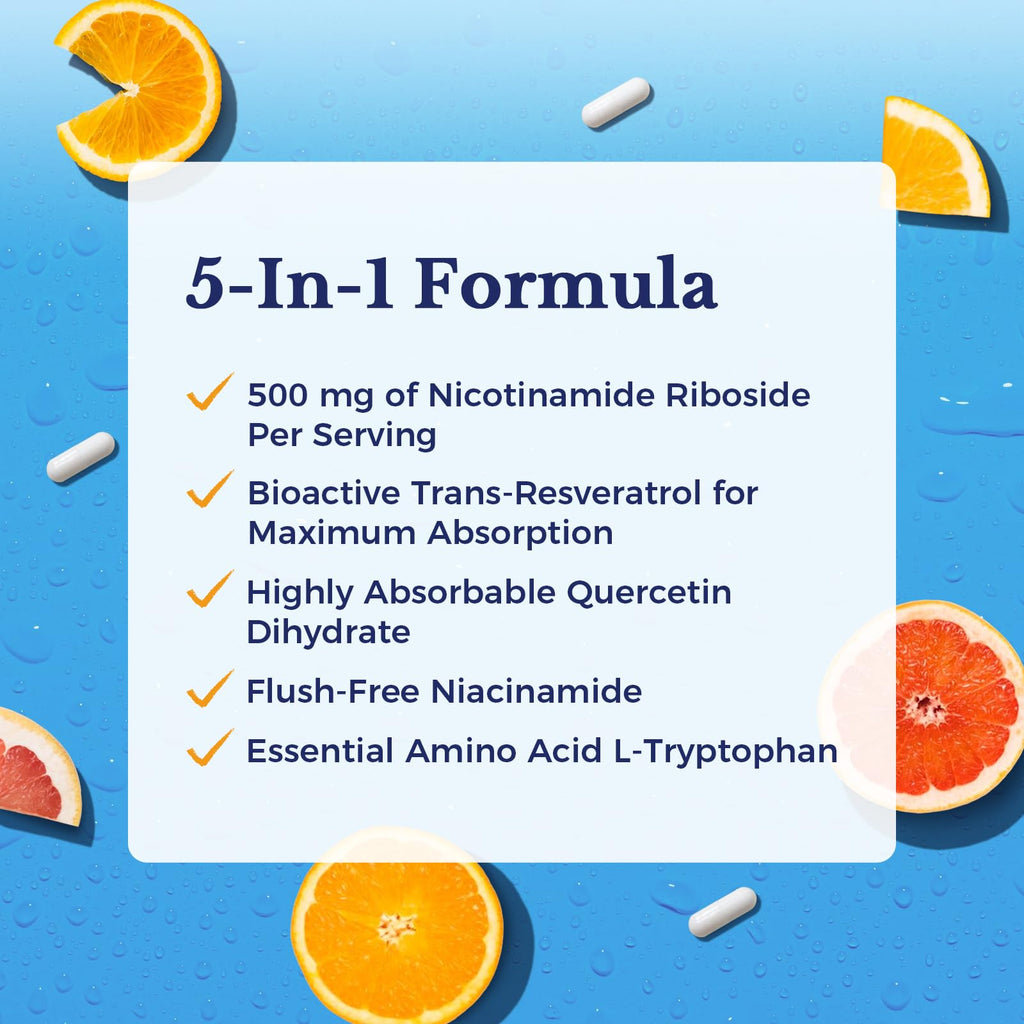 Vitalitown 5 in 1 NAD+, NMN Supplement Alternatives, Nicotinamide Riboside (NR), Trans-Resveratrol, Quercetin, Niacinamide, L-Tryptophan, for Cellular Energy, Heart, Skin, 60 Veggie Capsules Vitalitown Au supplements