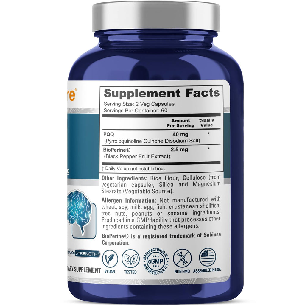 NusaPure PQQ Supplement 40 mg, 120 Veggie Capsules, Non-GMO, Pyrroloquinoline Quinone Disodium Salt, Bioperine & Vegan NusaPure Au supplements