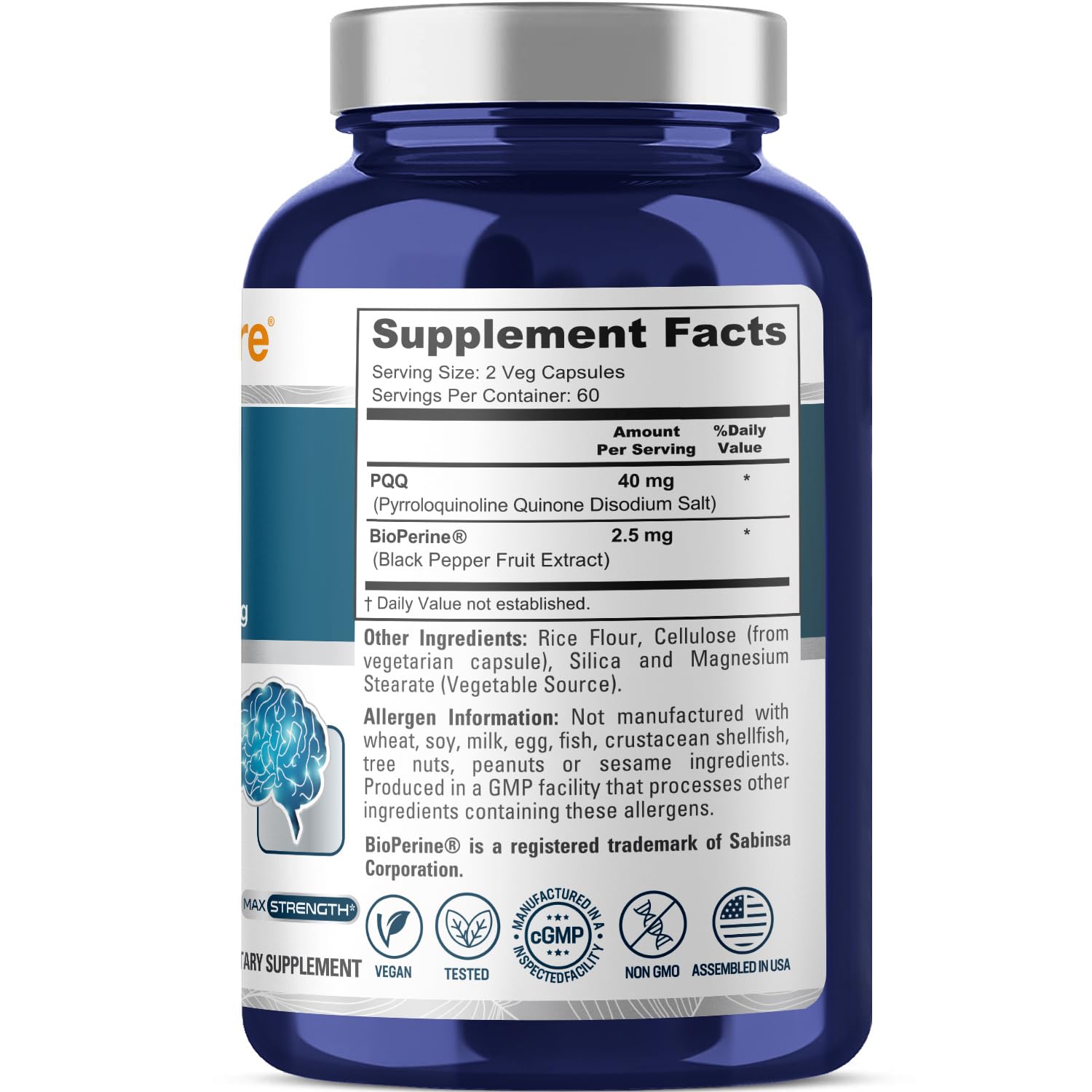 NusaPure PQQ Supplement 40 mg, 120 Veggie Capsules, Non-GMO, Pyrroloquinoline Quinone Disodium Salt, Bioperine & Vegan NusaPure Au supplements