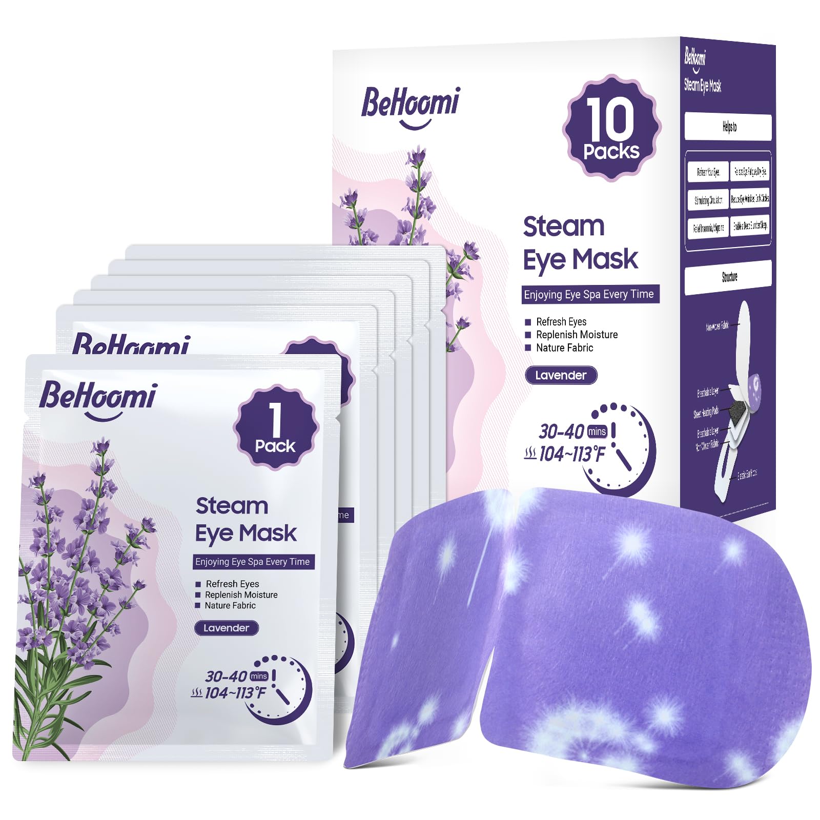 BeHoomi Steam Eye Mask, 10 Packs Heated Eye Mask, Self Heating Disposable SPA Warm Compress for Eyes Sleep Mask, Travel Essentials