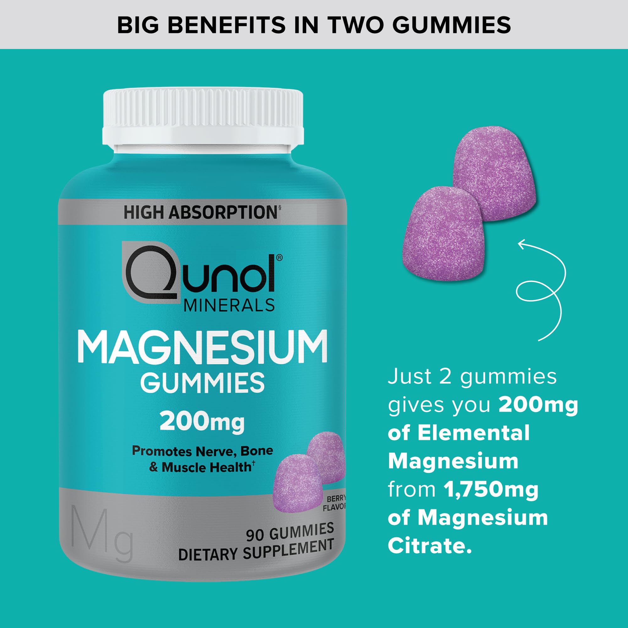 Qunol Magnesium Gummies for Adults, 200mg Elemental Magnesium (from 1,750mg Magnesium Citrate), High Absorption Magnesium Supplement, Supports Nerve, Bone and Muscle Health, Vegetarian, 90 Count Qunol Au supplements