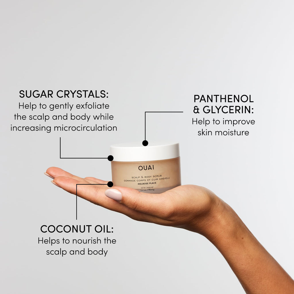 OUAI Scalp & Body Scrub Travel Size, Melrose Place - Exfoliating Body Scrub with Sugar & Coconut Oil Blend for Smooth, Moisturized Skin - Gentle for Removing Product Build Up (3.4 Oz) OUAI Au supplements